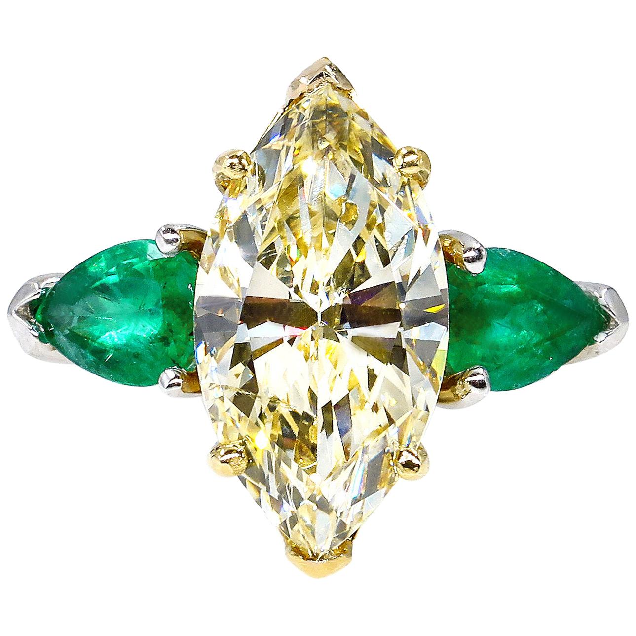 4.86ct Natural Fancy Yellow Marquise Diamond and Green Emerald Plat/YG Ring EGL