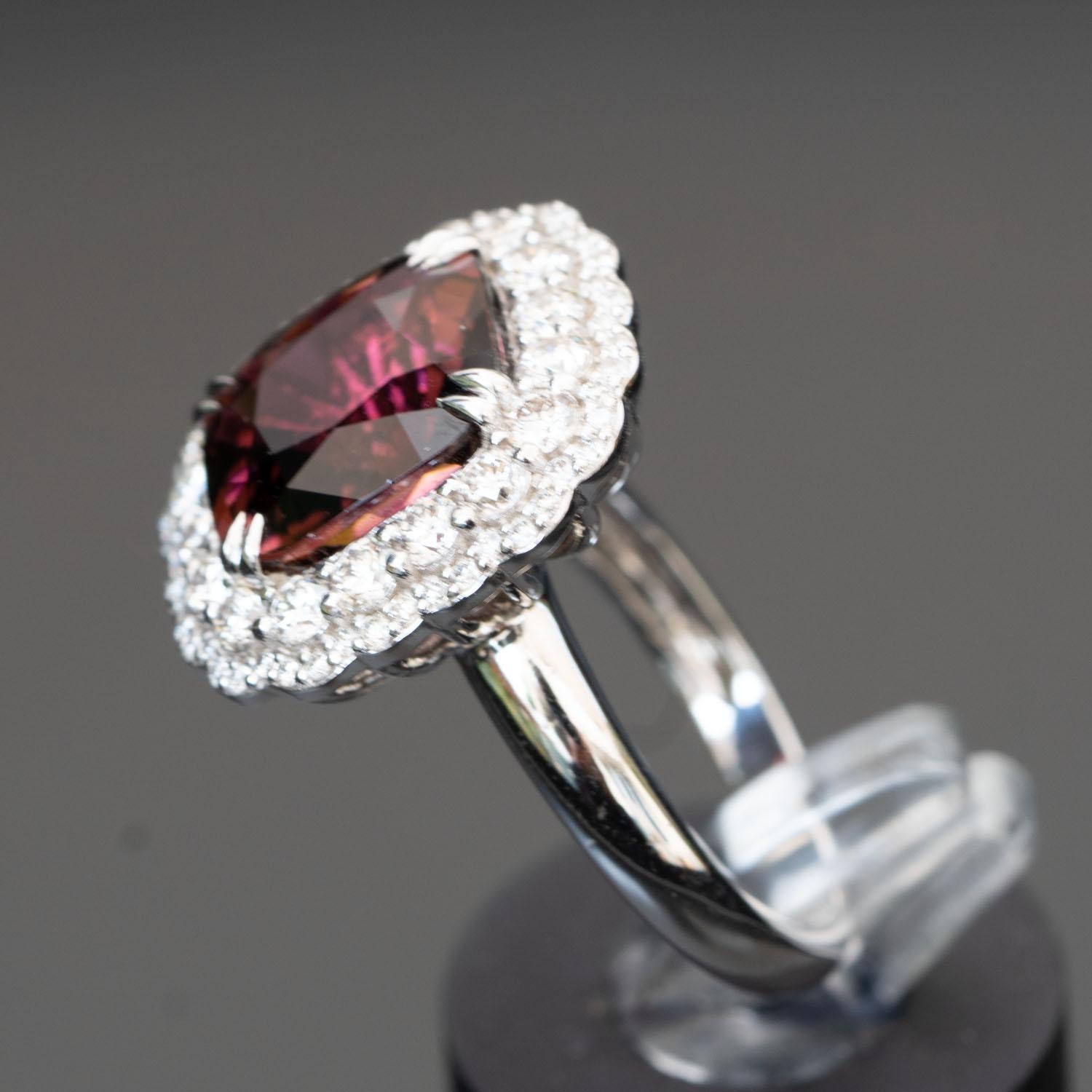 Cushion Cut 4.86ct Red Tourmaline and 1.16 Carat Natural Diamonds Cocktail Ring For Sale