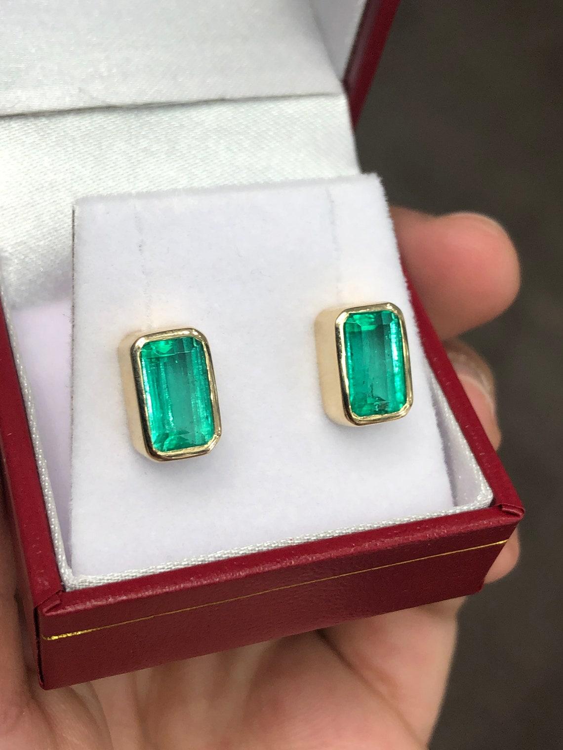 Emerald Cut 4.86tcw VS Colombian Emerald Stud Earrings 14K, Minor Oil May Birthstone Natural For Sale