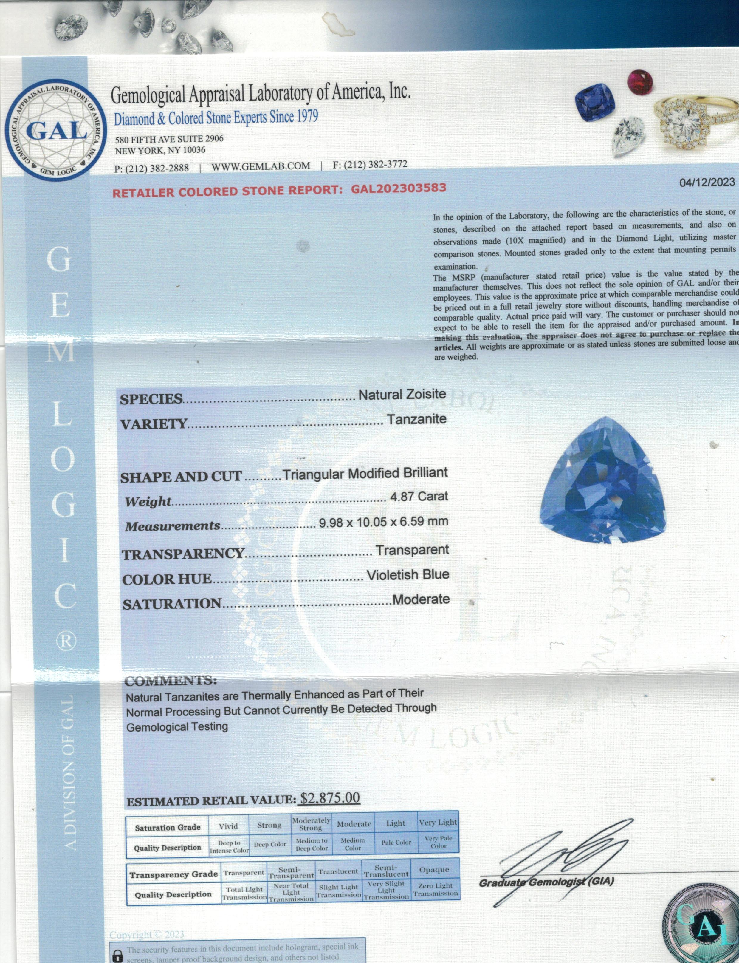 • Gemstone: Tanzanite
• Weight: 4.87 Carats
• Shape: Triangular 
• Dimensions: 9.98 x 10.05 x 6.59mm
• Estimated Retail value: $2,875
• Color: Violetish Blue