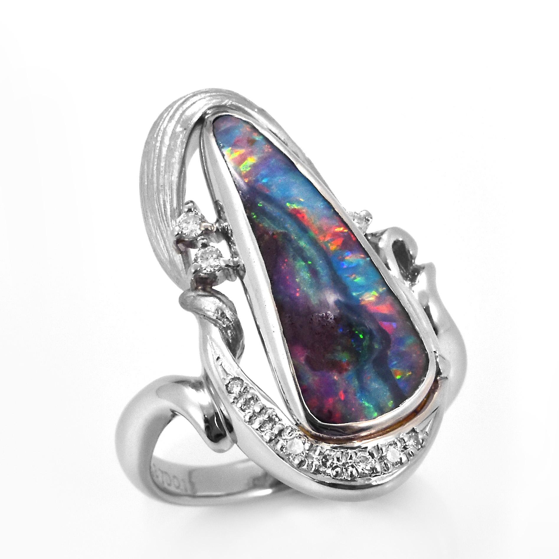 4.87 Carat Natural Australian Boulder Opal and Diamond Ring Made in Platinum For Sale 4