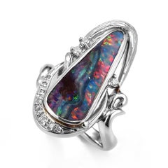 4.87 Carat Natural Australian Boulder Opal and Diamond Ring Made in Platinum