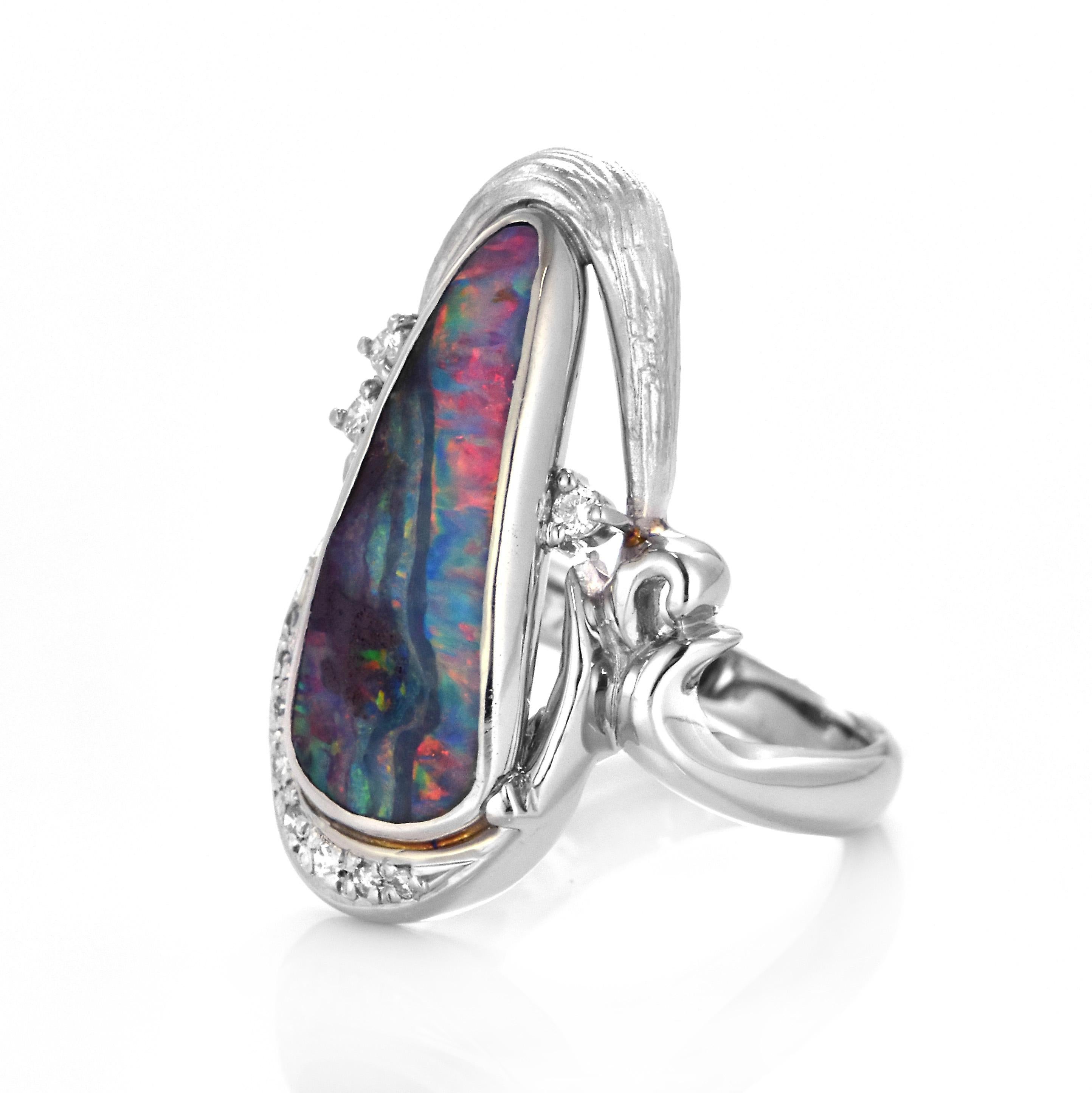 Modern 4.87 Carat Natural Australian Boulder Opal and Diamond Ring Made in Platinum For Sale