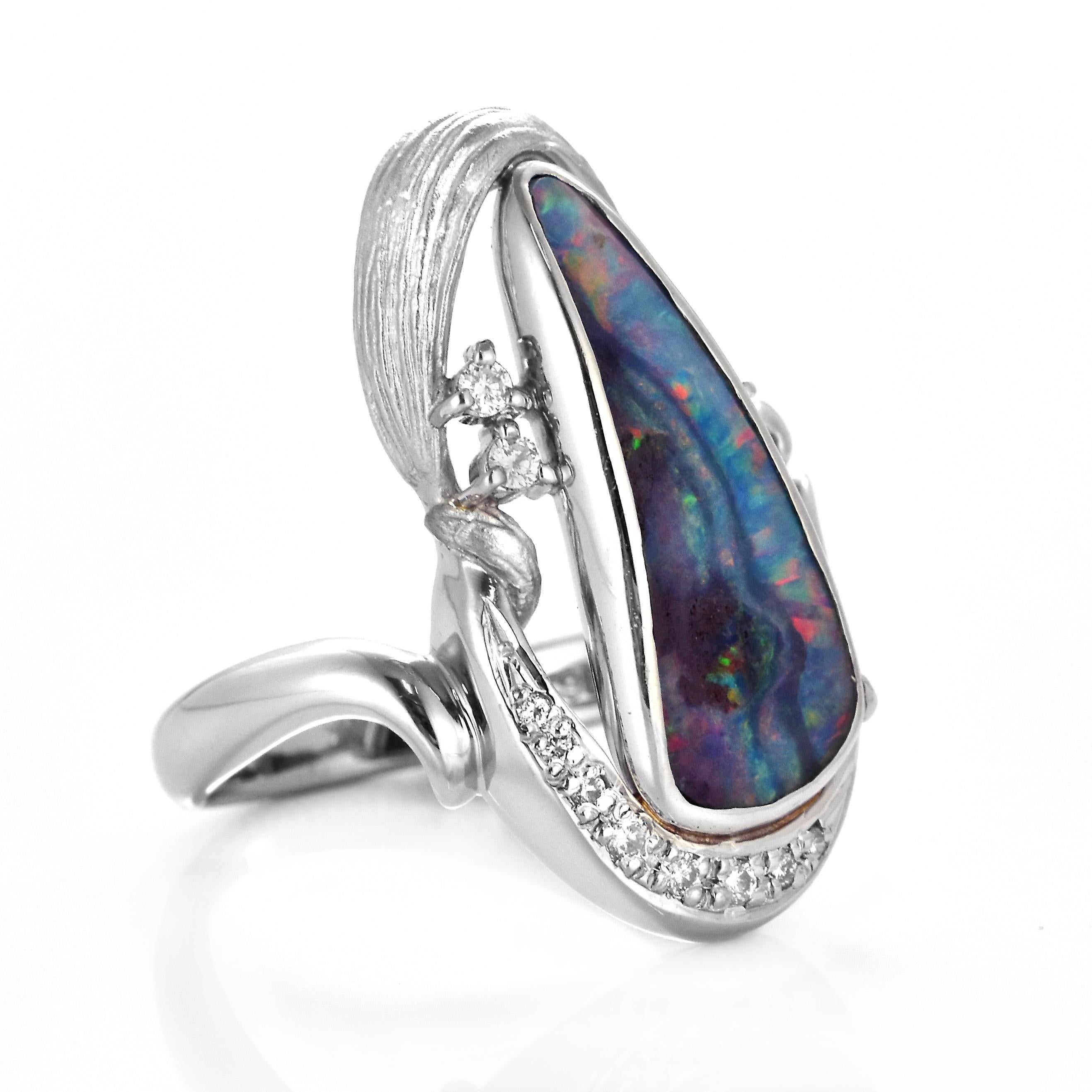 Cabochon 4.87 Carat Natural Australian Boulder Opal and Diamond Ring Made in Platinum For Sale