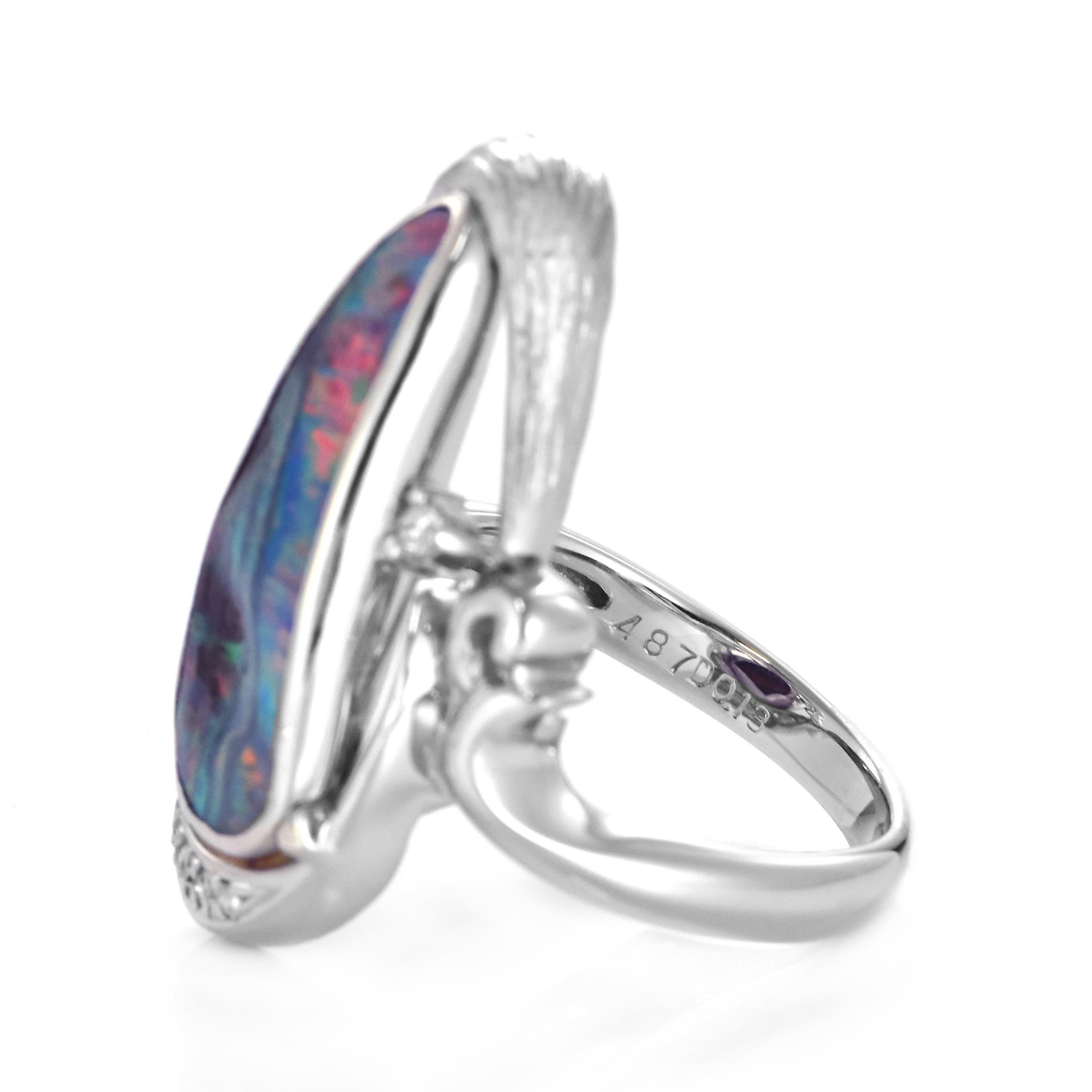 4.87 Carat Natural Australian Boulder Opal and Diamond Ring Made in Platinum For Sale 2