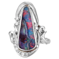 4.87 Carat Natural Australian Boulder Opal and Diamond Ring Made in Platinum