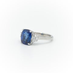 4.87 Carat Natural Blue Cushion Cut Sapphire & Half Moon Shaped Diamond Ring