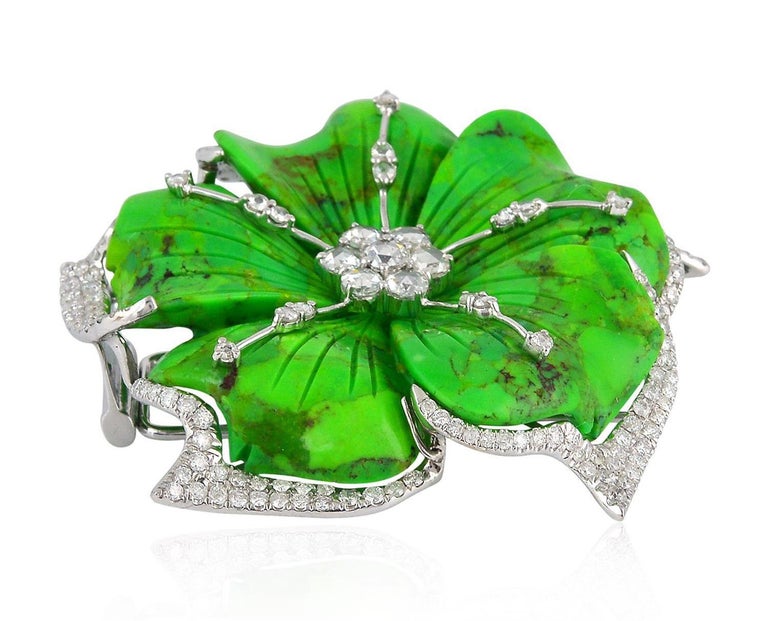 48.7 Carat Turquoise Diamond 18 Karat White Gold Brooch For Sale (Free ...