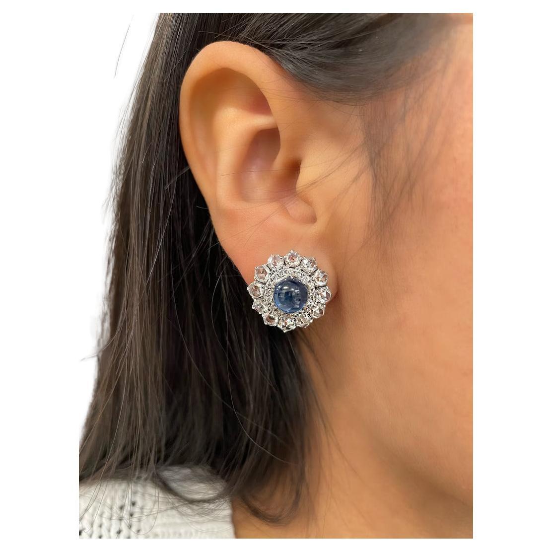 8.19 ct Cabochon Sapphire & Diamond Earrings For Sale