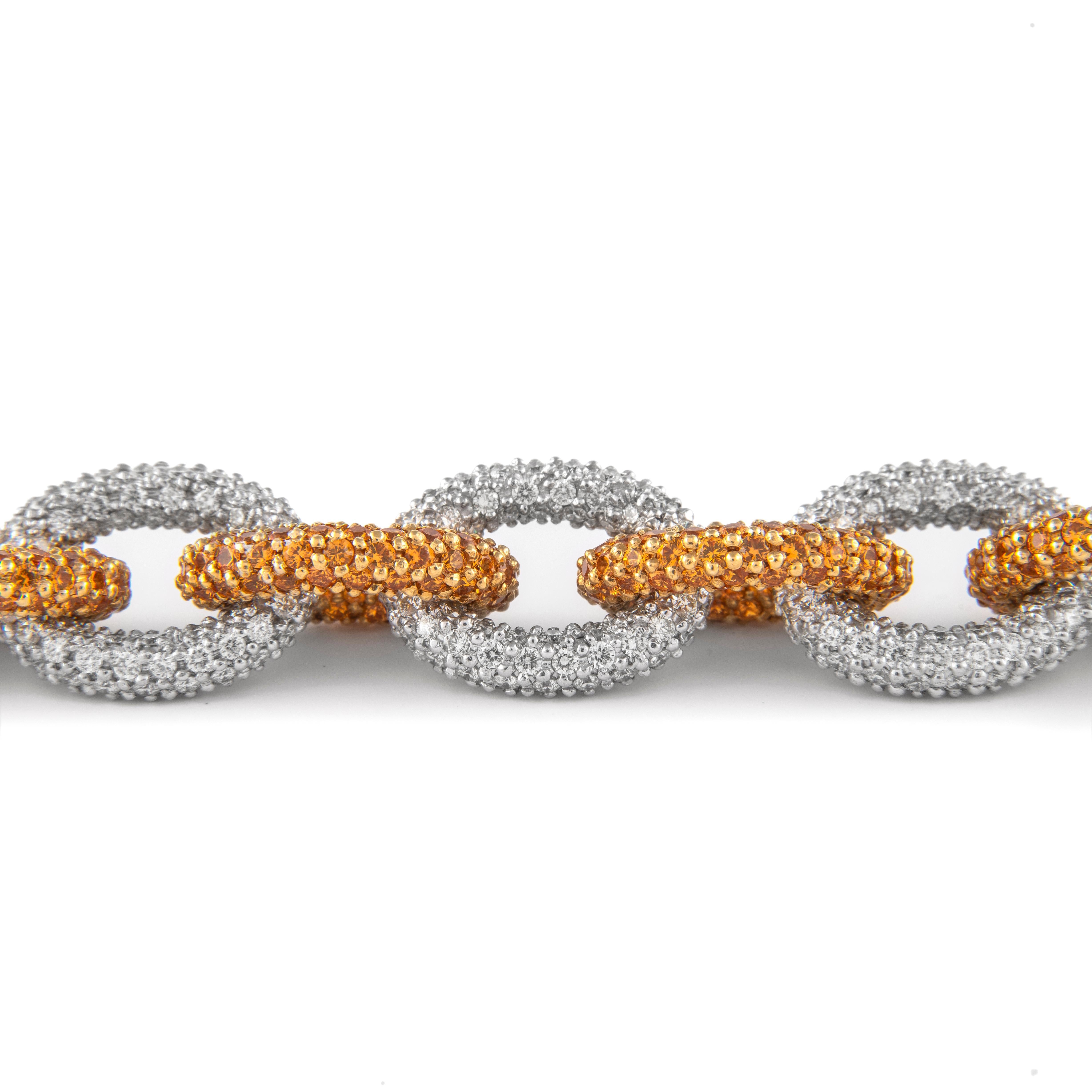 Contemporary 48.75 Diamond and Yellow Sapphire Chain Pave Bracelet 18k White & Yellow Gold For Sale