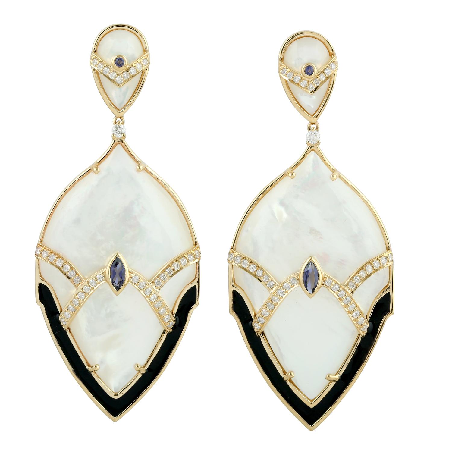 Mixed Cut 48.77ct Pearl dangle Earrings With Iolite & Diamonds Made In 18k yellow Gold For Sale