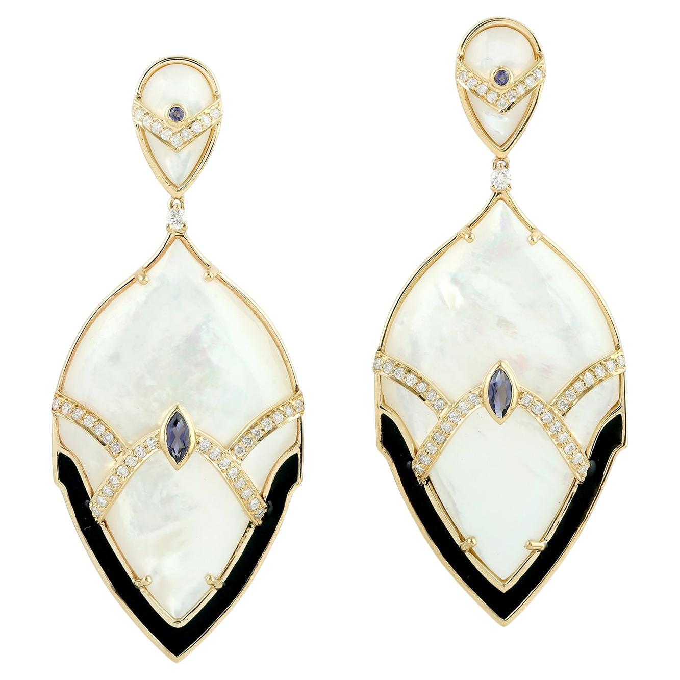 48.77ct Pearl dangle Earrings With Iolite & Diamonds Made In 18k yellow Gold For Sale