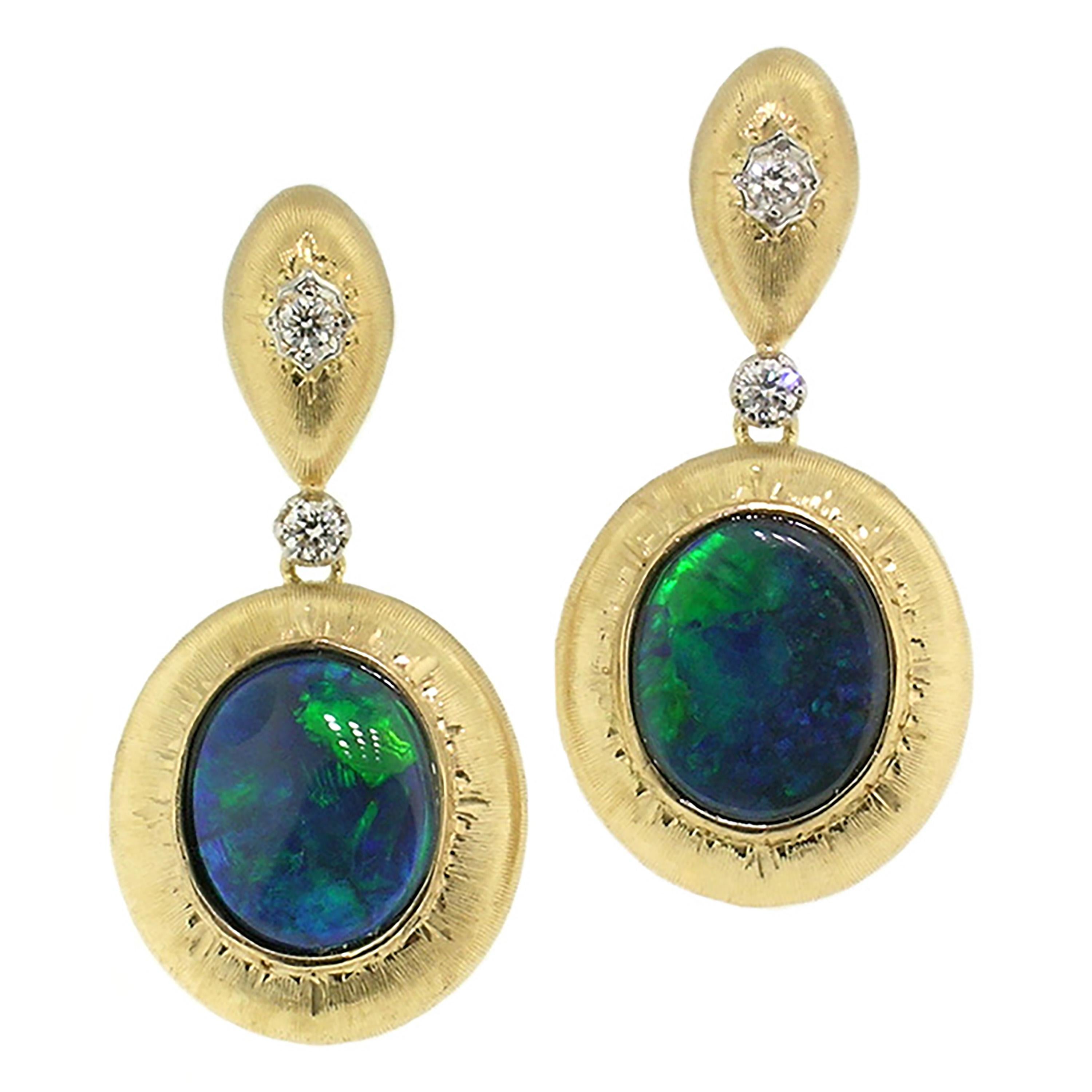 4.87ct Australian Black Opals in 18kt Earrings, Made in Italy by Cynthia Scott For Sale