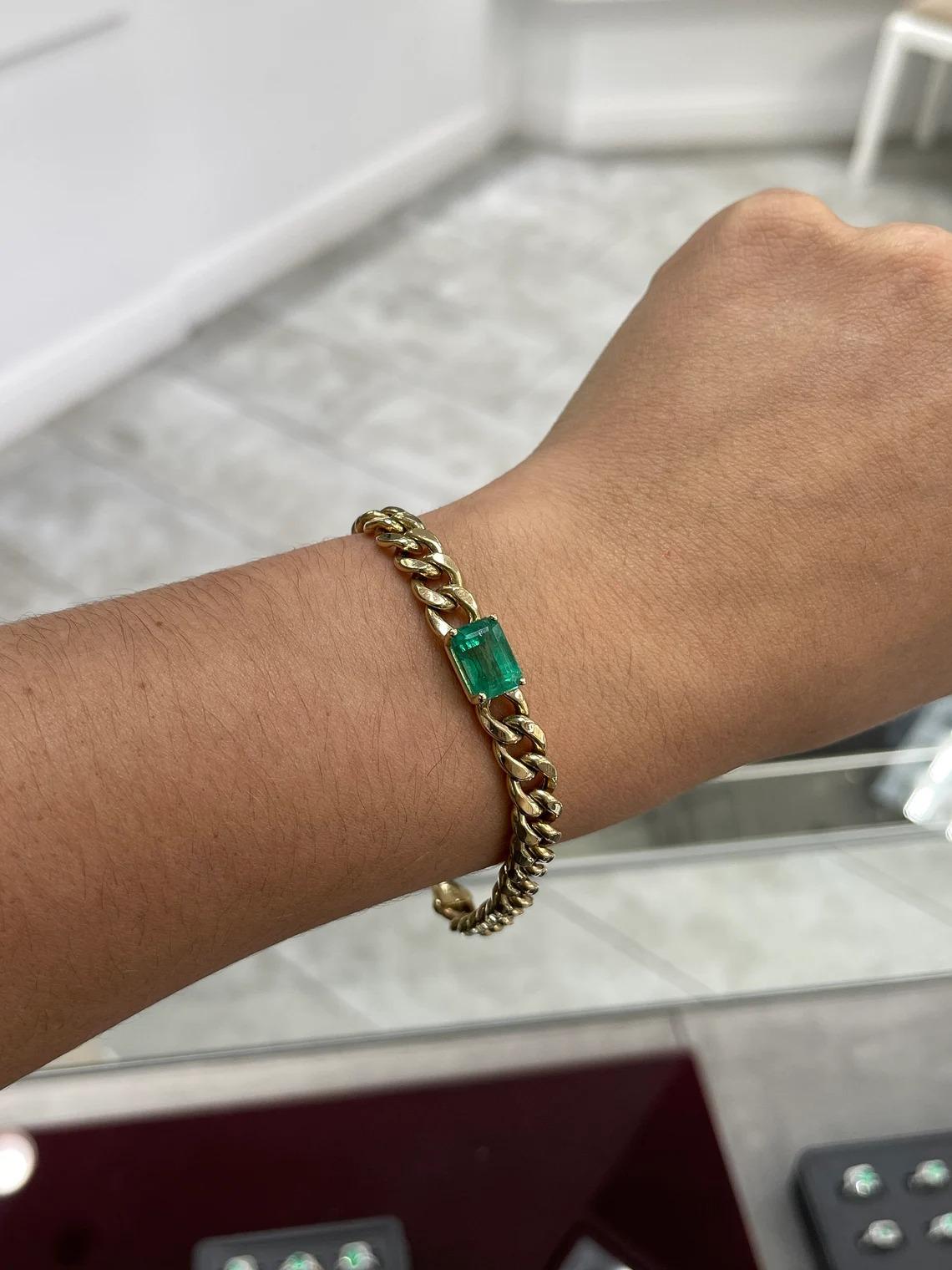 Modern 4.87cts 14K Natural Emerald-Emerald Cut Unisex Cuban Link Gold Bracelet For Sale