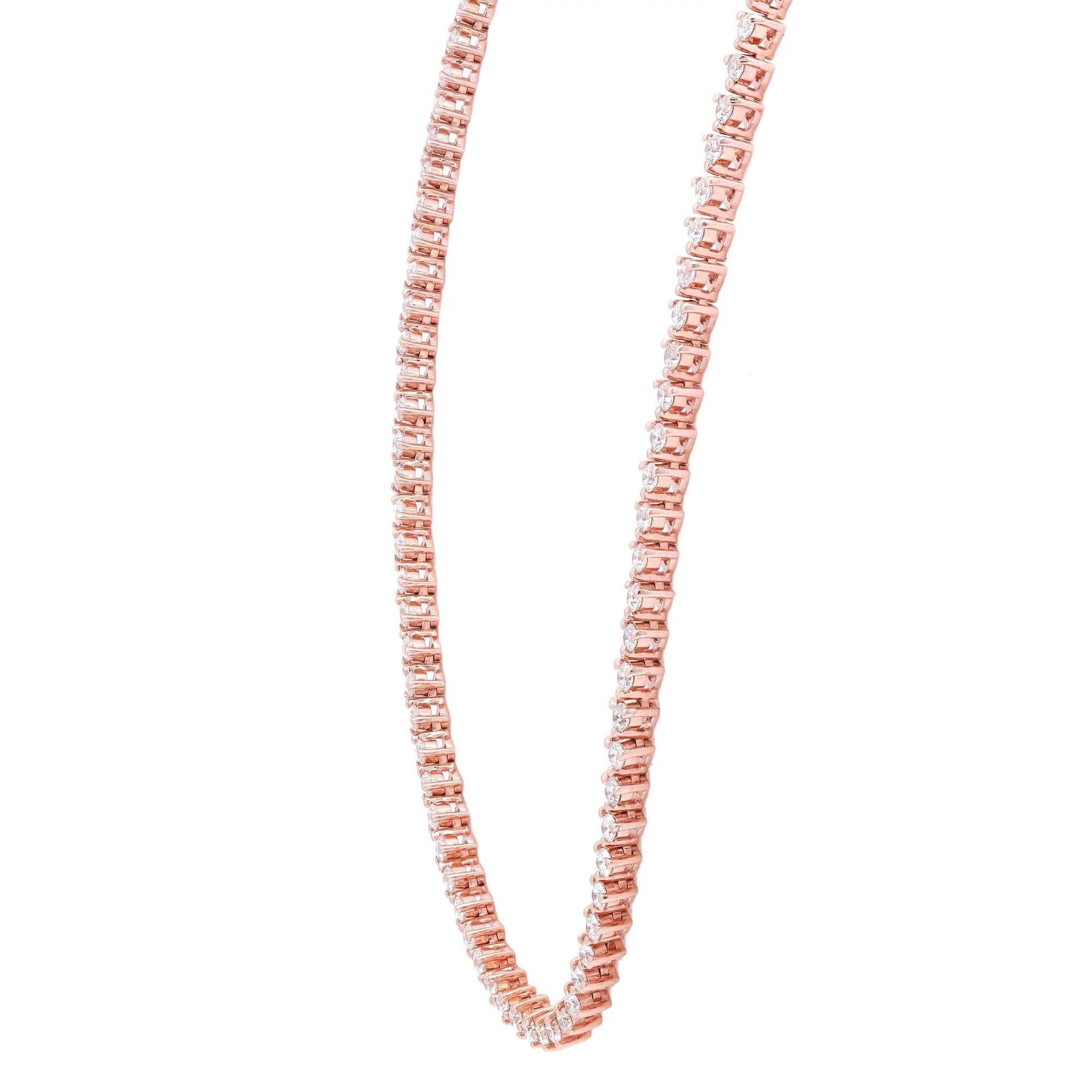 Modern 4.87Cttw Three Prong Round Cut Diamond Tennis Necklace 18K Rose Gold 17.5 Inches For Sale