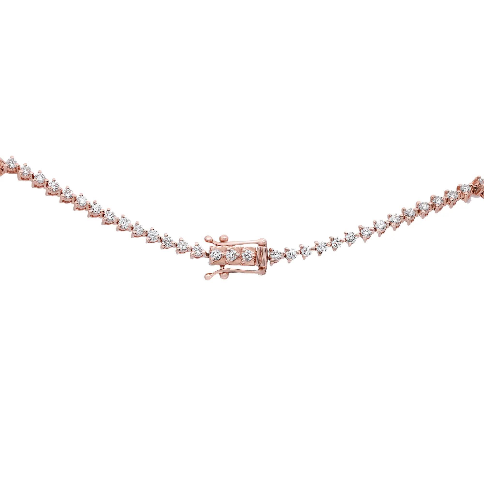 4.87Cttw Three Prong Round Cut Diamond Tennis Necklace 18K Rose Gold 17.5 Inches In New Condition For Sale In New York, NY