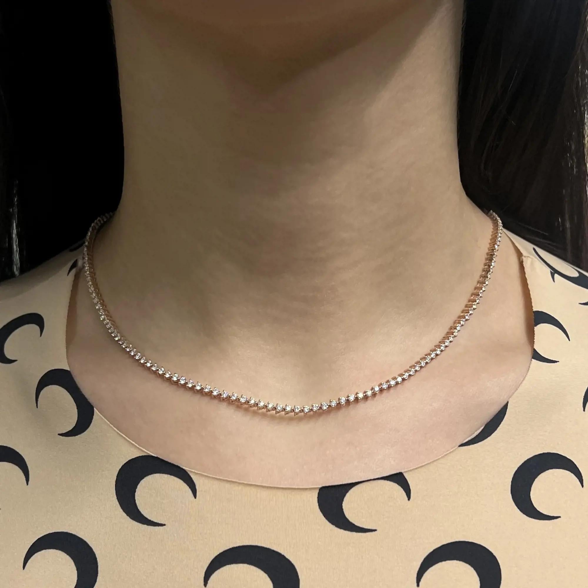 Women's 4.87Cttw Three Prong Round Cut Diamond Tennis Necklace 18K Rose Gold 17.5 Inches For Sale
