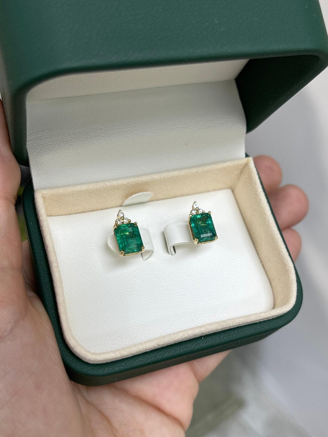 4.87tcw 14K Gold Emerald & Diamond Stud Earrings, Natural May Birthstone Emerald For Sale 4