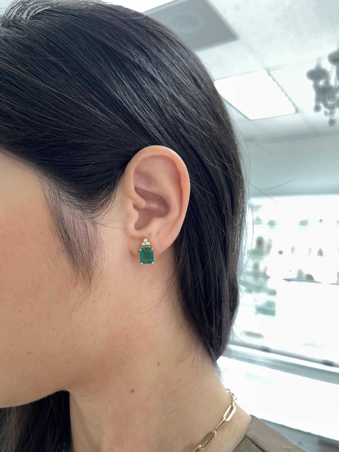 Modern 4.87tcw 14K Gold Emerald & Diamond Stud Earrings, Natural May Birthstone Emerald For Sale