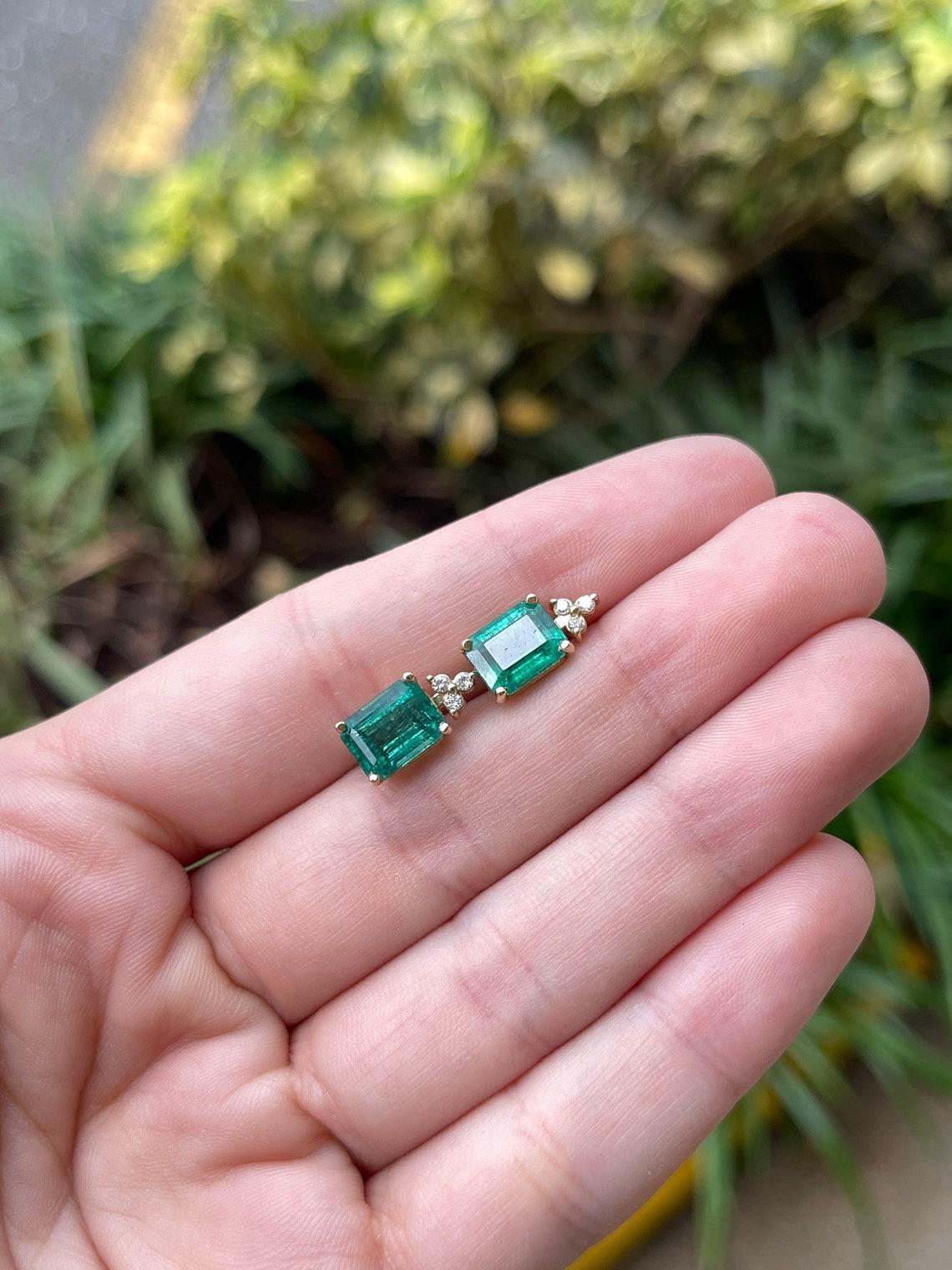 4.87tcw 14K Gold Emerald & Diamond Stud Earrings, Natural May Birthstone Emerald In New Condition For Sale In Jupiter, FL