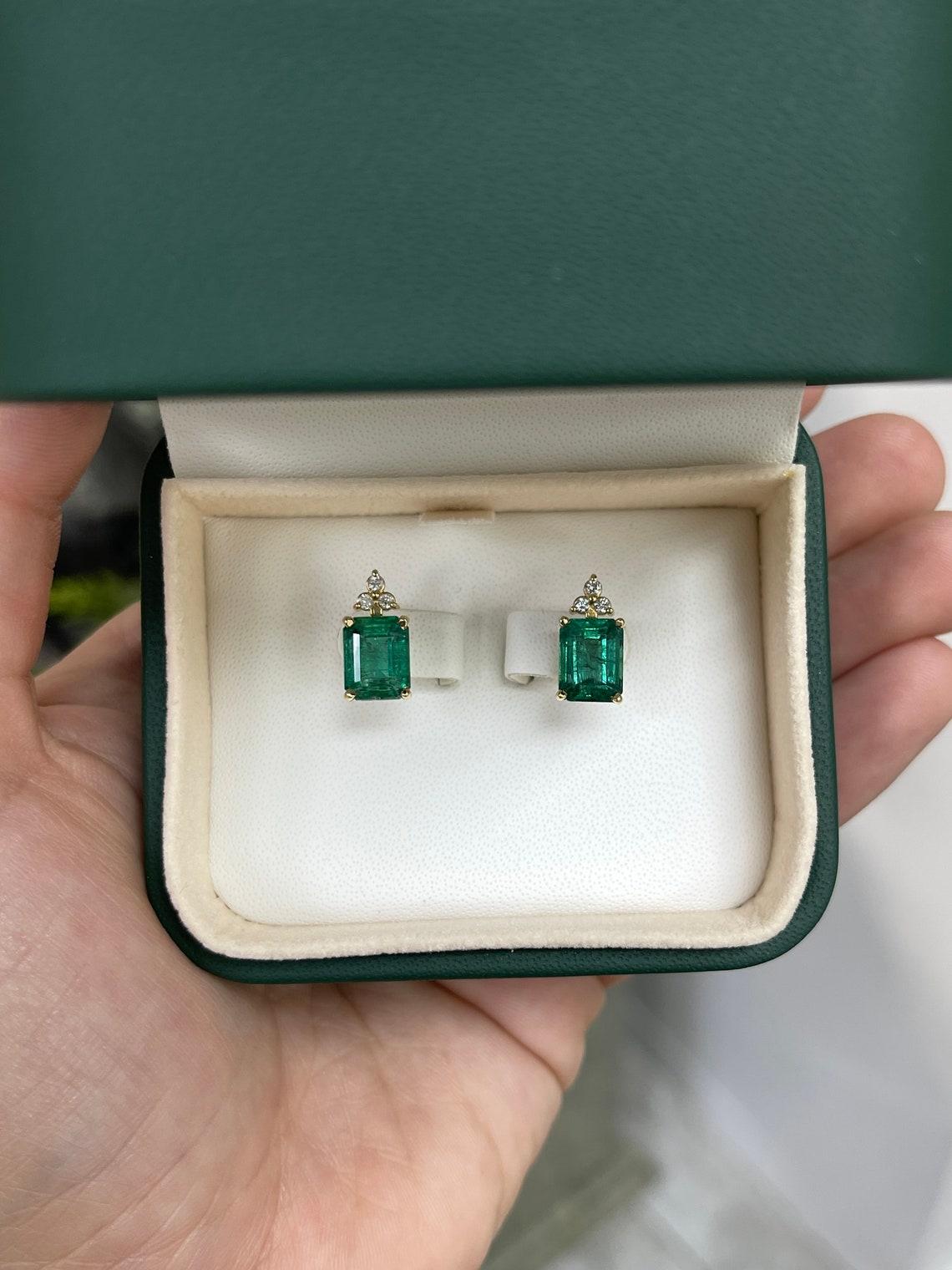 4.87tcw 14K Gold Emerald & Diamond Stud Earrings, Natural May Birthstone Emerald For Sale 2