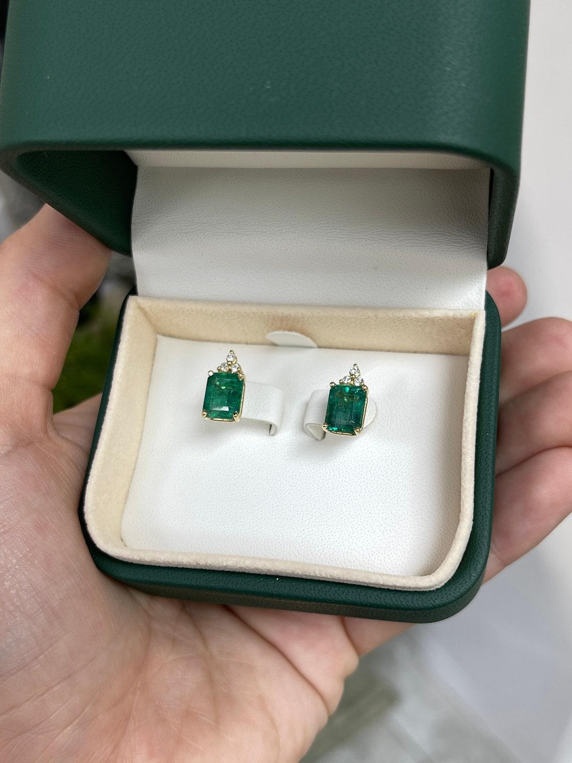 4.87tcw 14K Gold Emerald & Diamond Stud Earrings, Natural May Birthstone Emerald For Sale 3