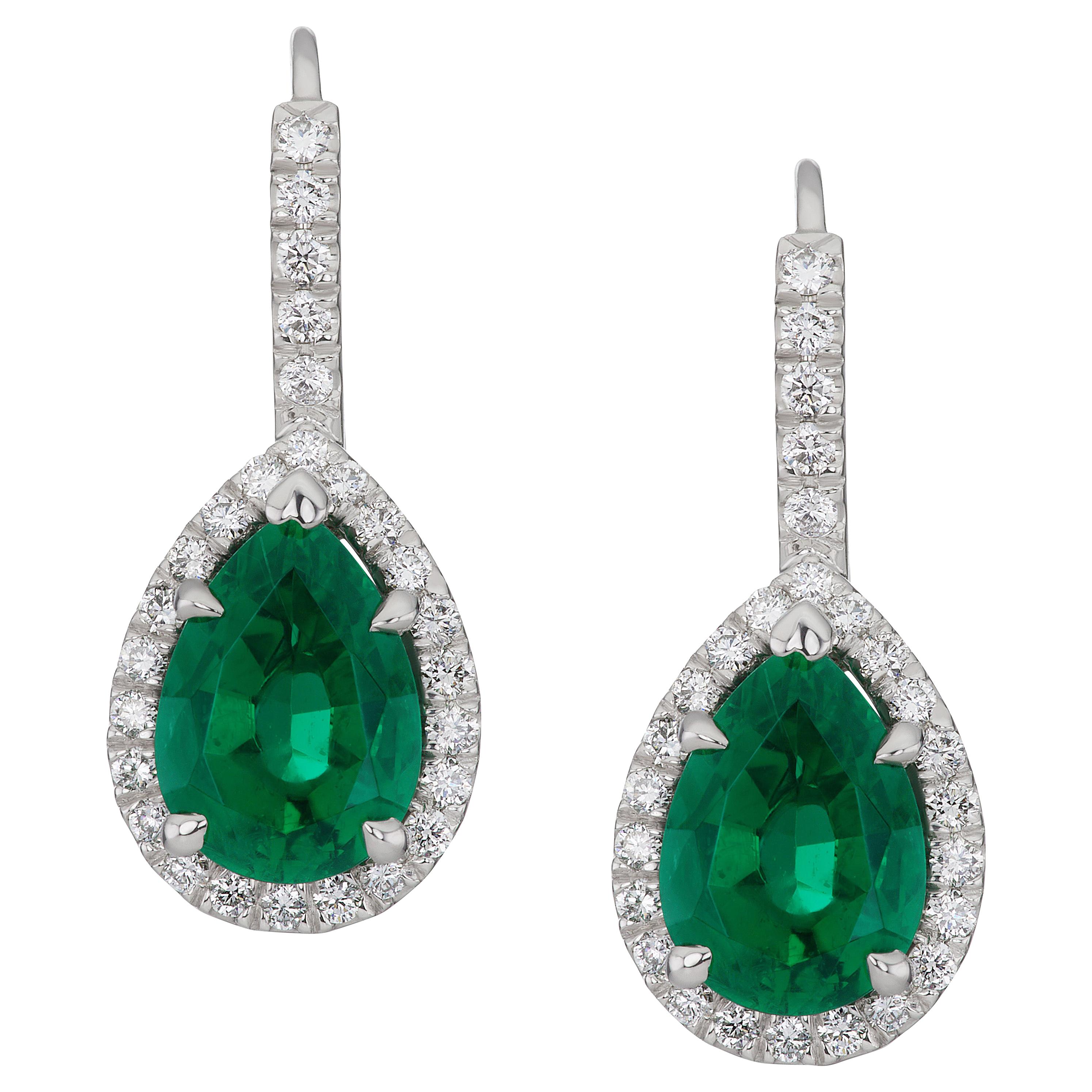 4.88 Carat African Pear Shape Emerald and Diamond Earrings with Lever Backs