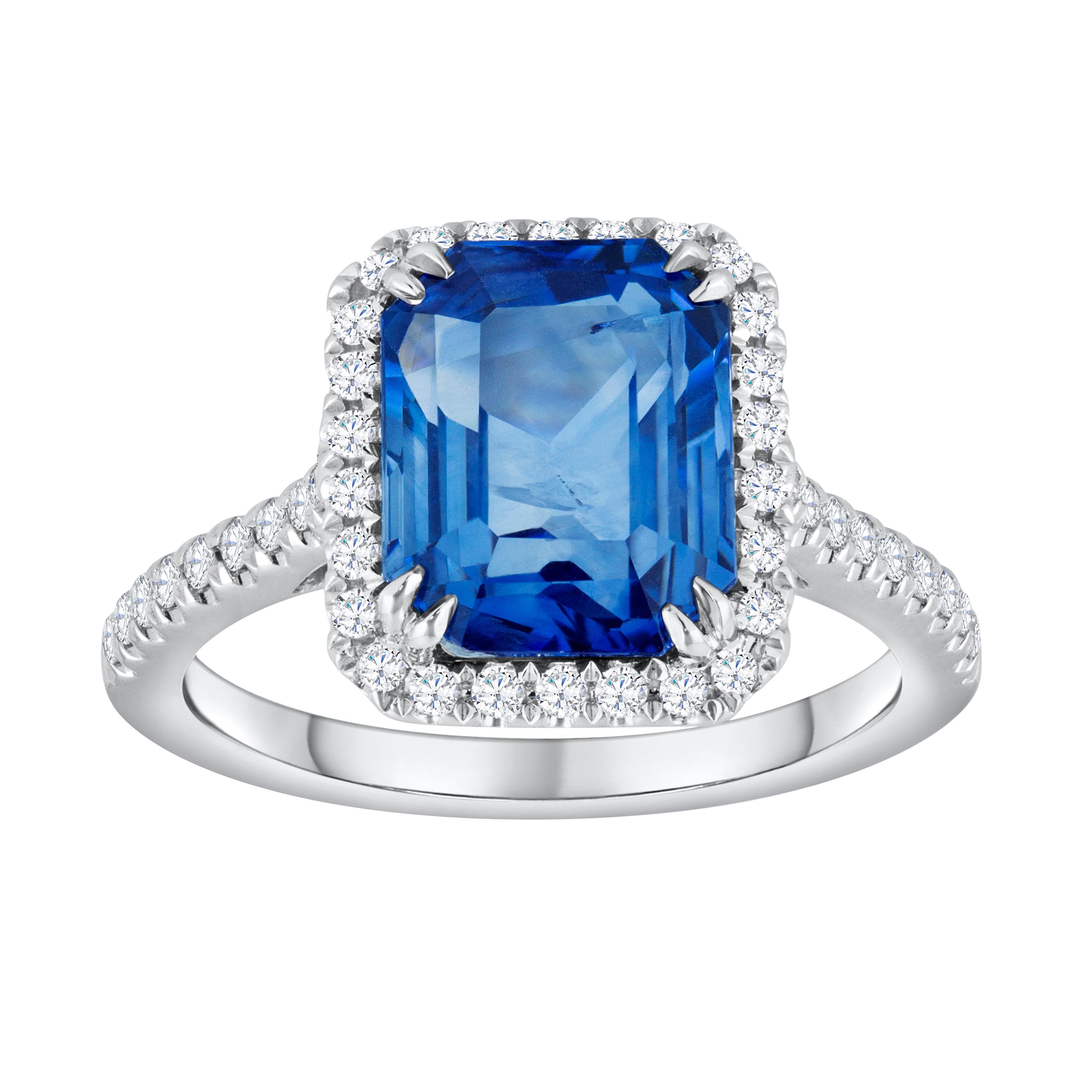 Roman Malakov 4.88 Carats Emerald Cut Blue Sapphire Halo Engagement Ring For Sale