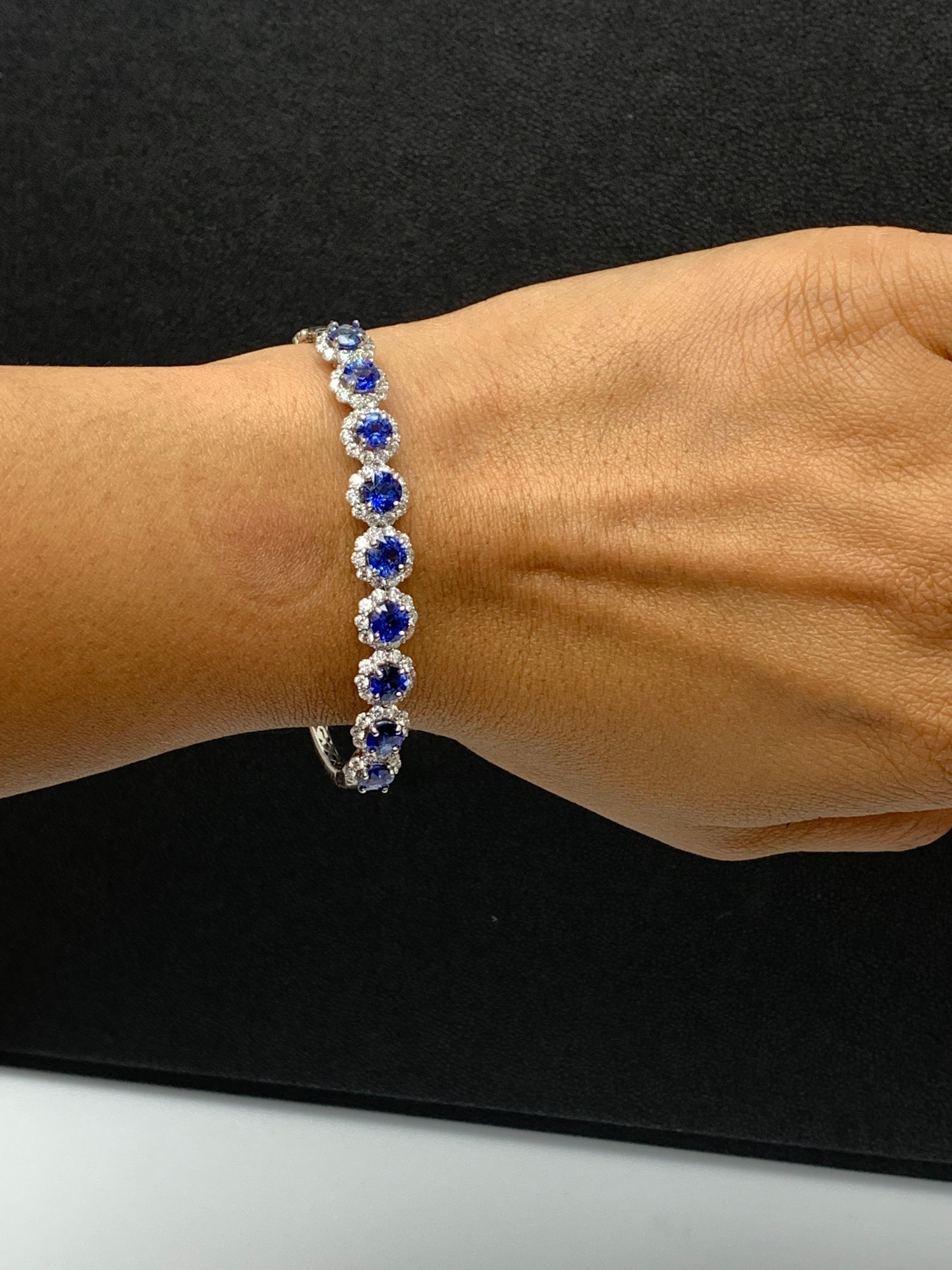 4.88 Carat Brilliant Cut Blue Sapphire Diamond Bangle Bracelet in 18k White Gold For Sale 2