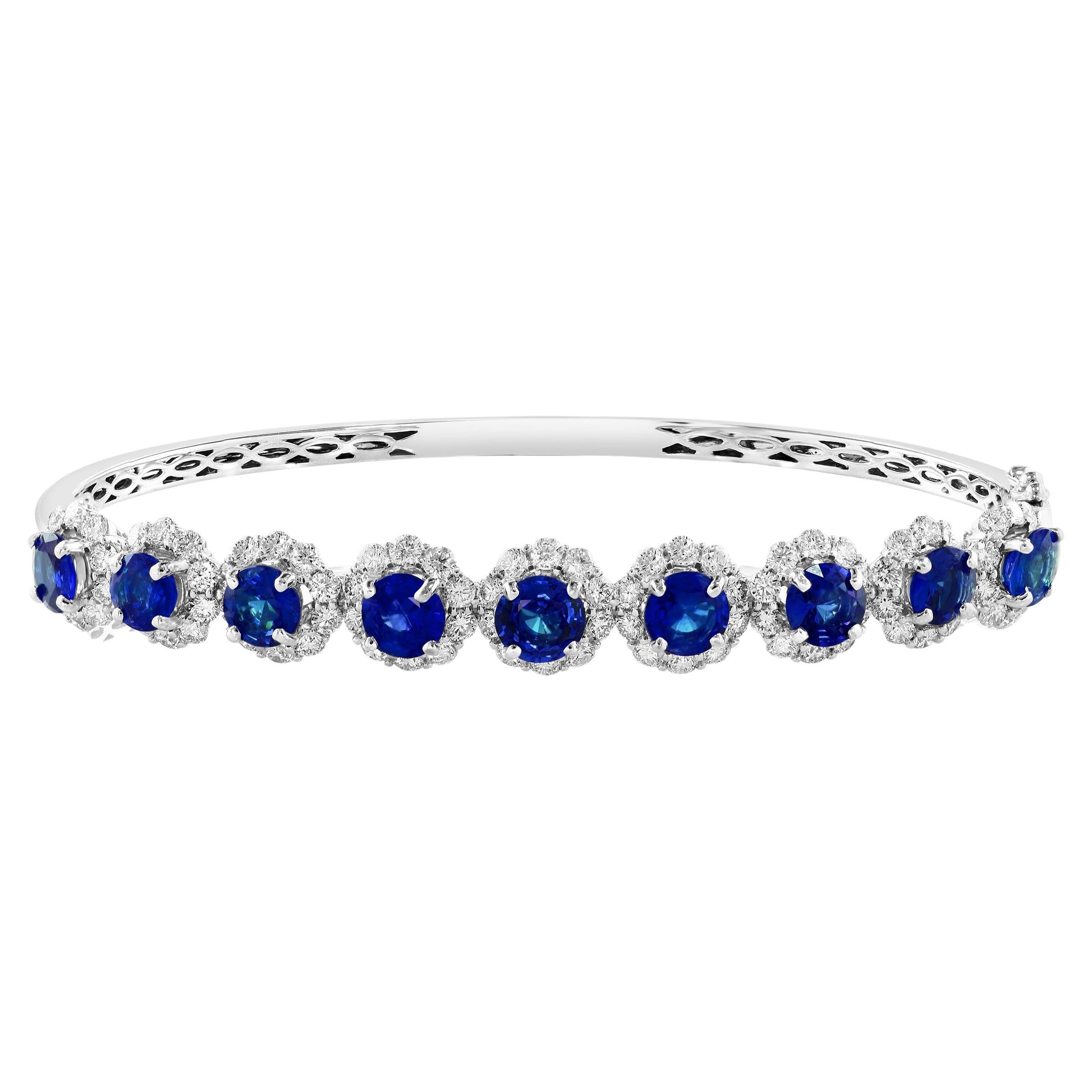 4.88 Carat Brilliant Cut Blue Sapphire Diamond Bangle Bracelet in 18k White Gold