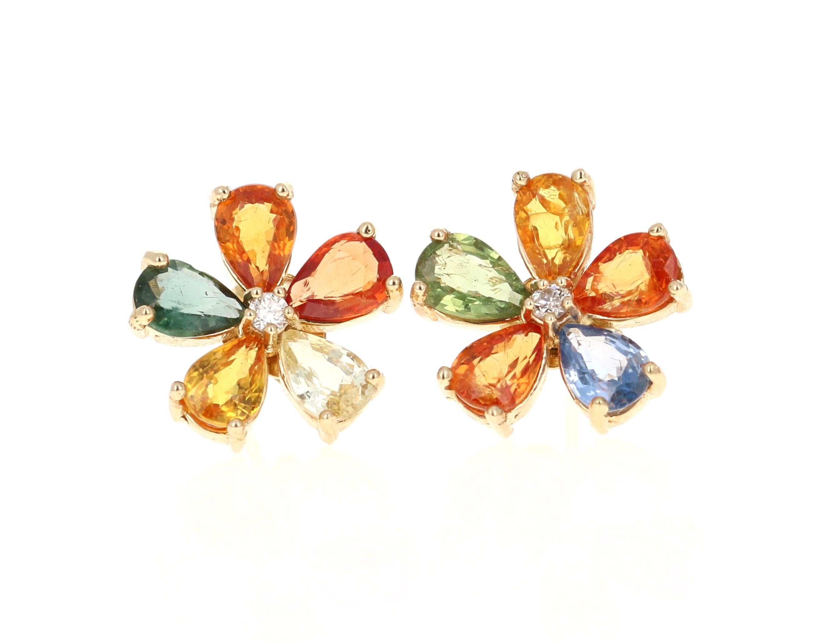 4.88 Carat Multi Sapphire Diamond 14 Karat Yellow Gold Floret Stud Earrings In New Condition For Sale In Los Angeles, CA