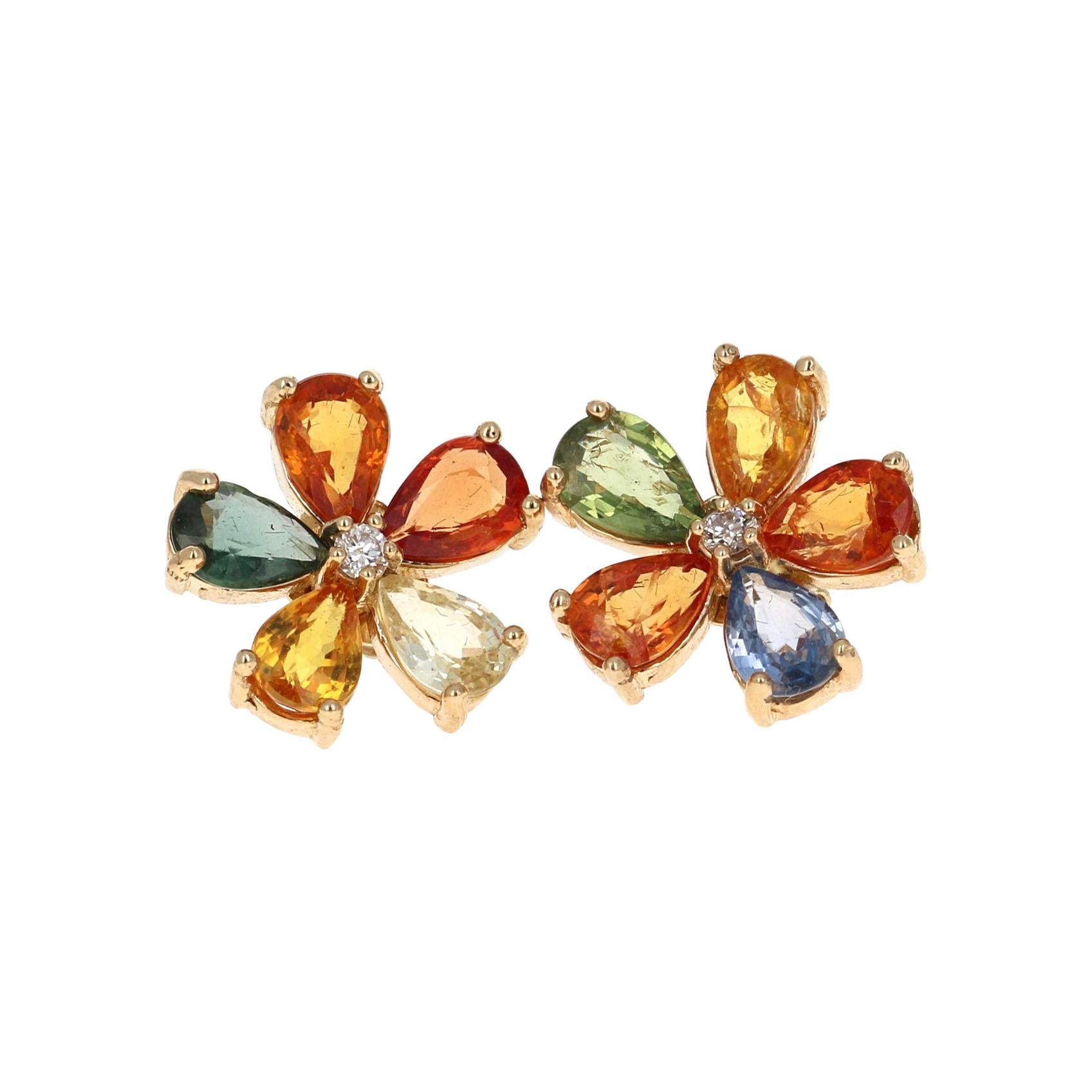 4.88 Carat Multi Sapphire Diamond 14 Karat Yellow Gold Floret Stud Earrings For Sale