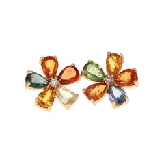 4.88 Carat Multi Sapphire Diamond 14 Karat Yellow Gold Floret Stud Earrings