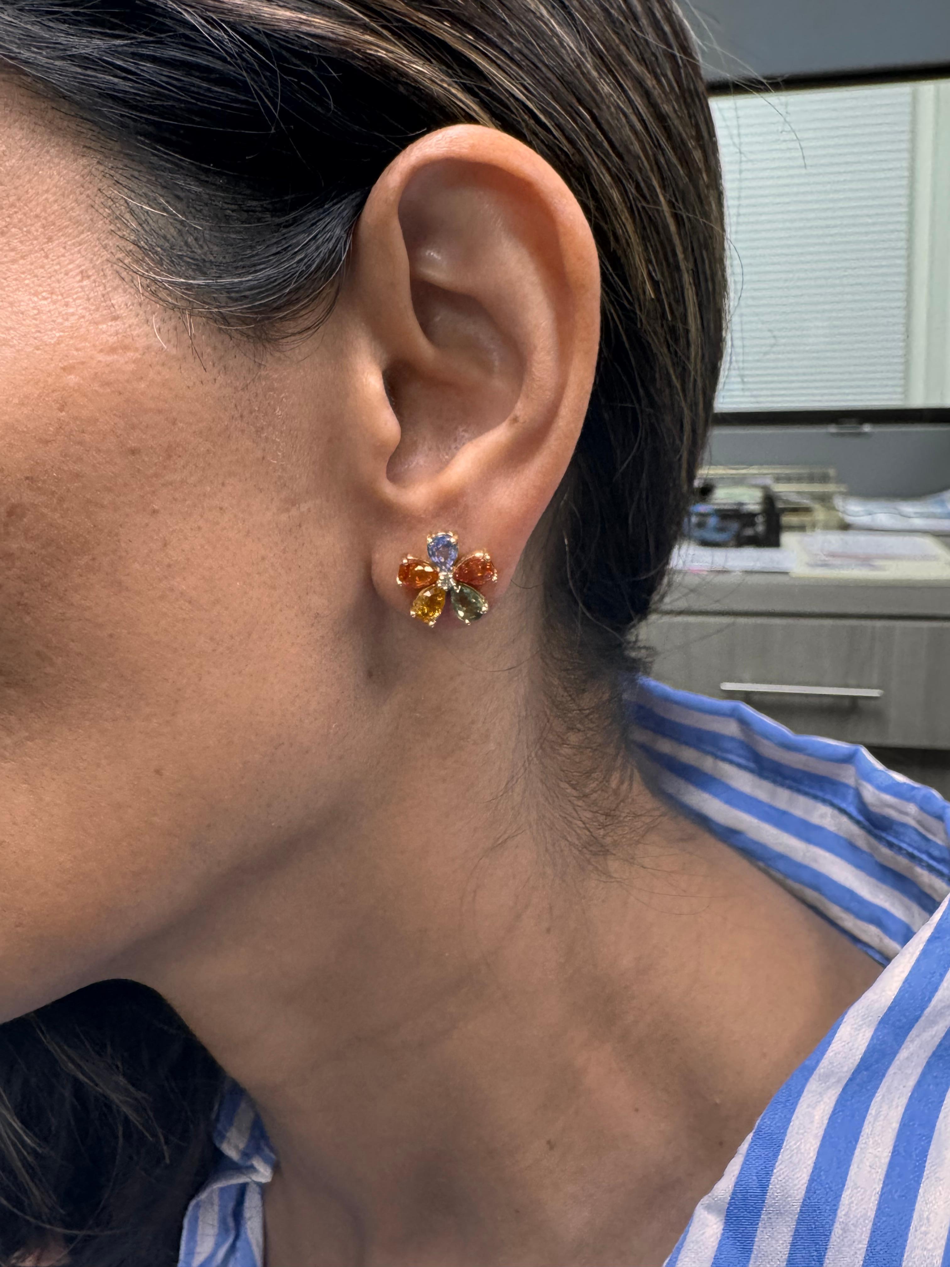 4.88 Carat Natural Multi Colored Sapphire and Diamond Yellow Gold Earring Studs For Sale 4