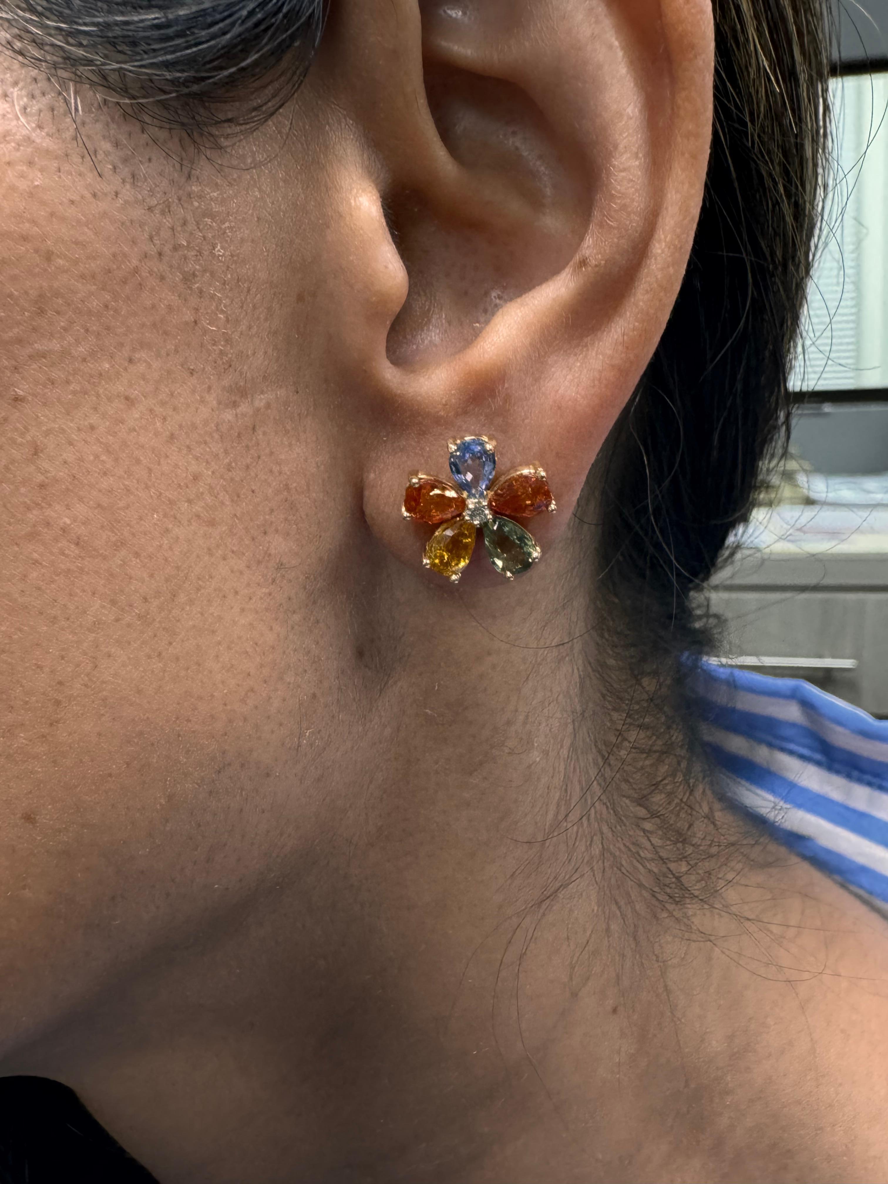 4.88 Carat Natural Multi Colored Sapphire and Diamond Yellow Gold Earring Studs For Sale 5