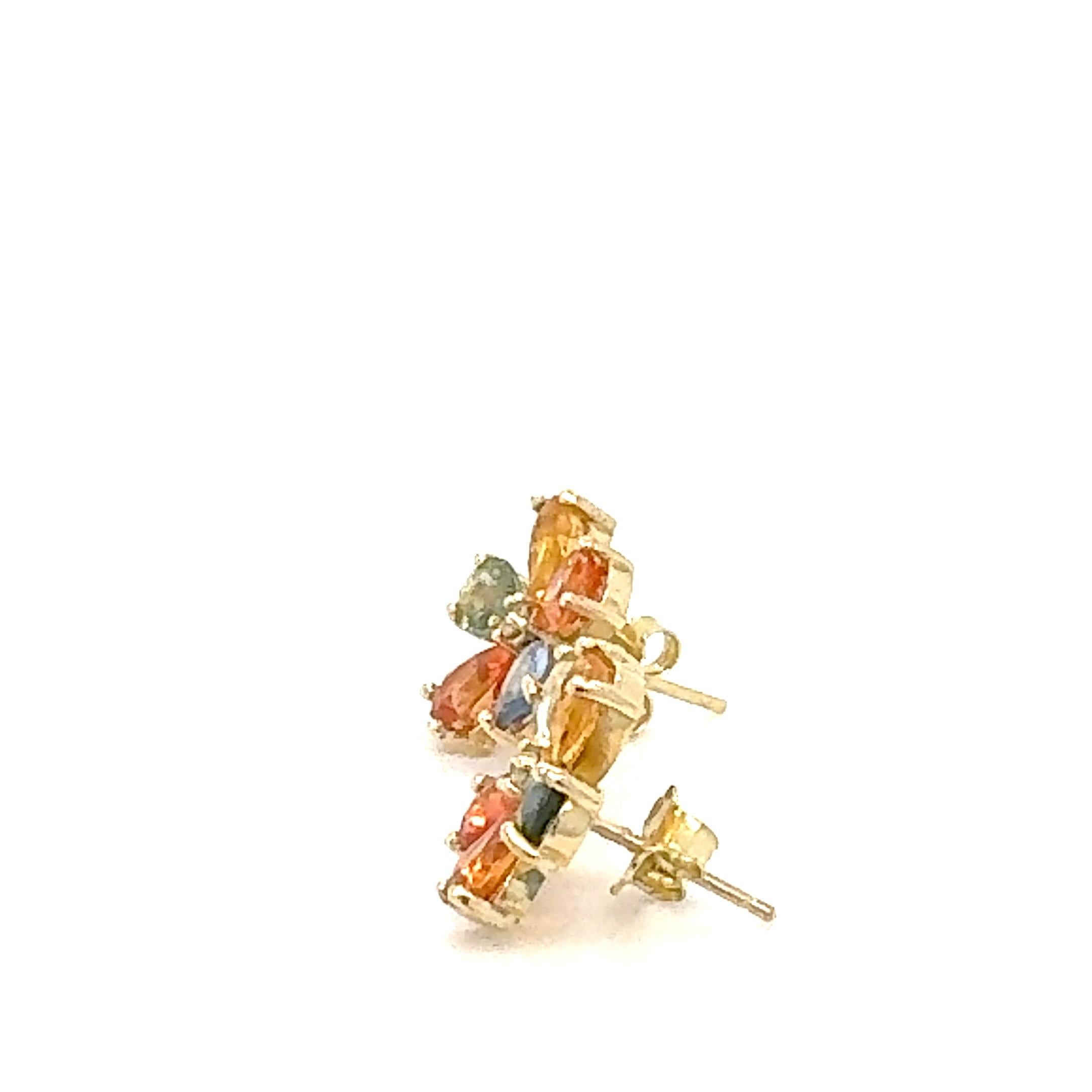 4.88 Carat Natural Multi Colored Sapphire and Diamond Yellow Gold Earring Studs For Sale 6
