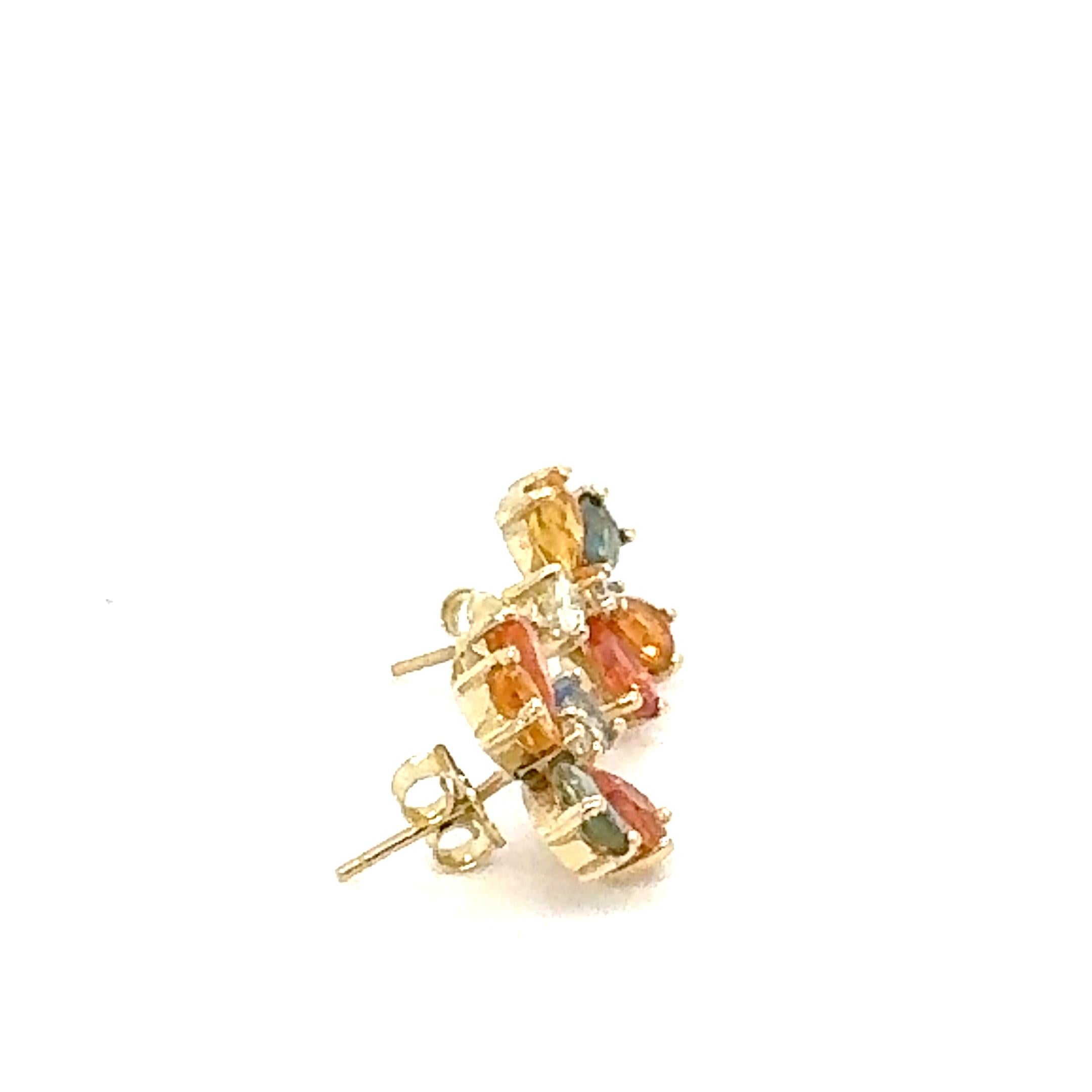 4.88 Carat Natural Multi Colored Sapphire and Diamond Yellow Gold Earring Studs For Sale 7