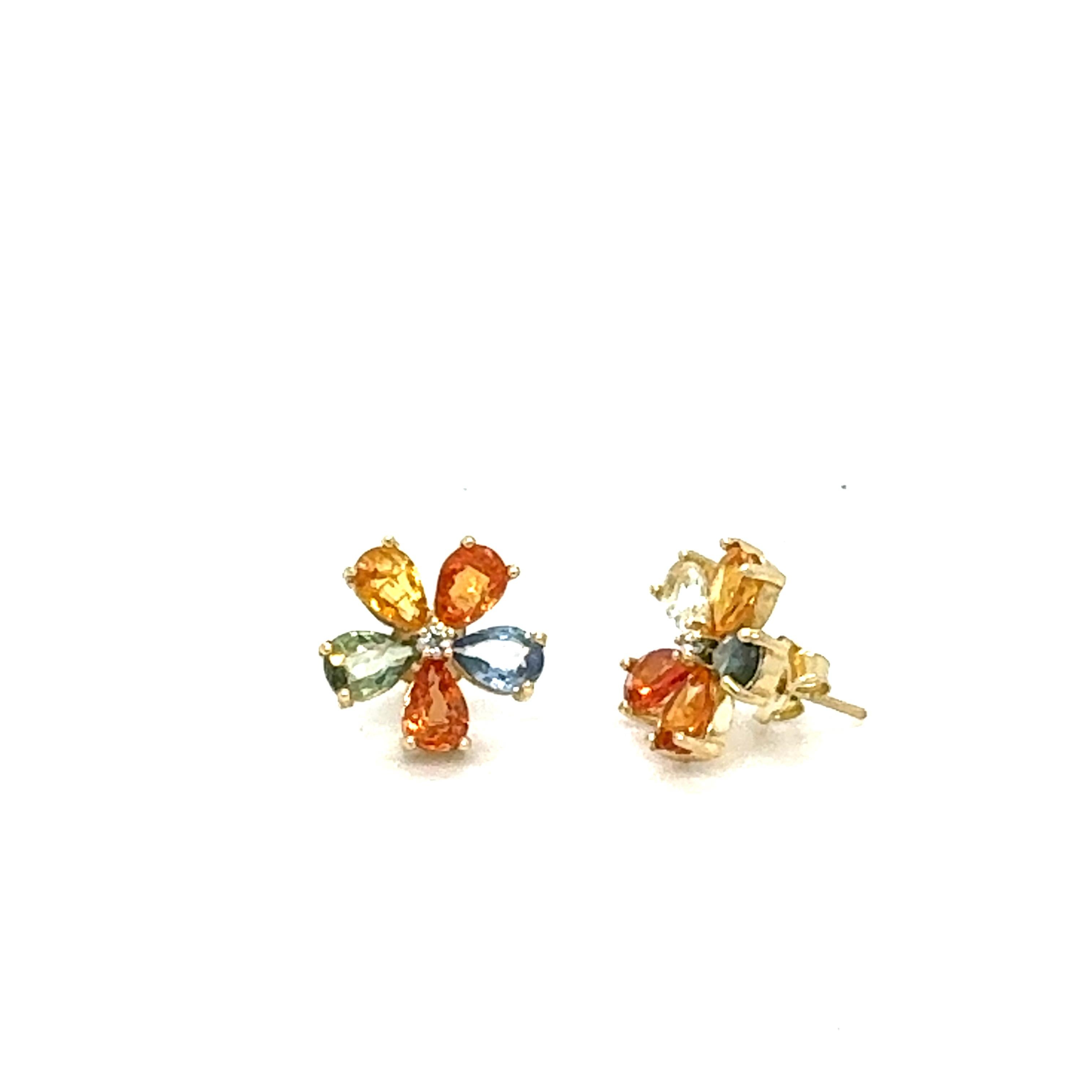 Contemporary 4.88 Carat Natural Multi Colored Sapphire and Diamond Yellow Gold Earring Studs For Sale