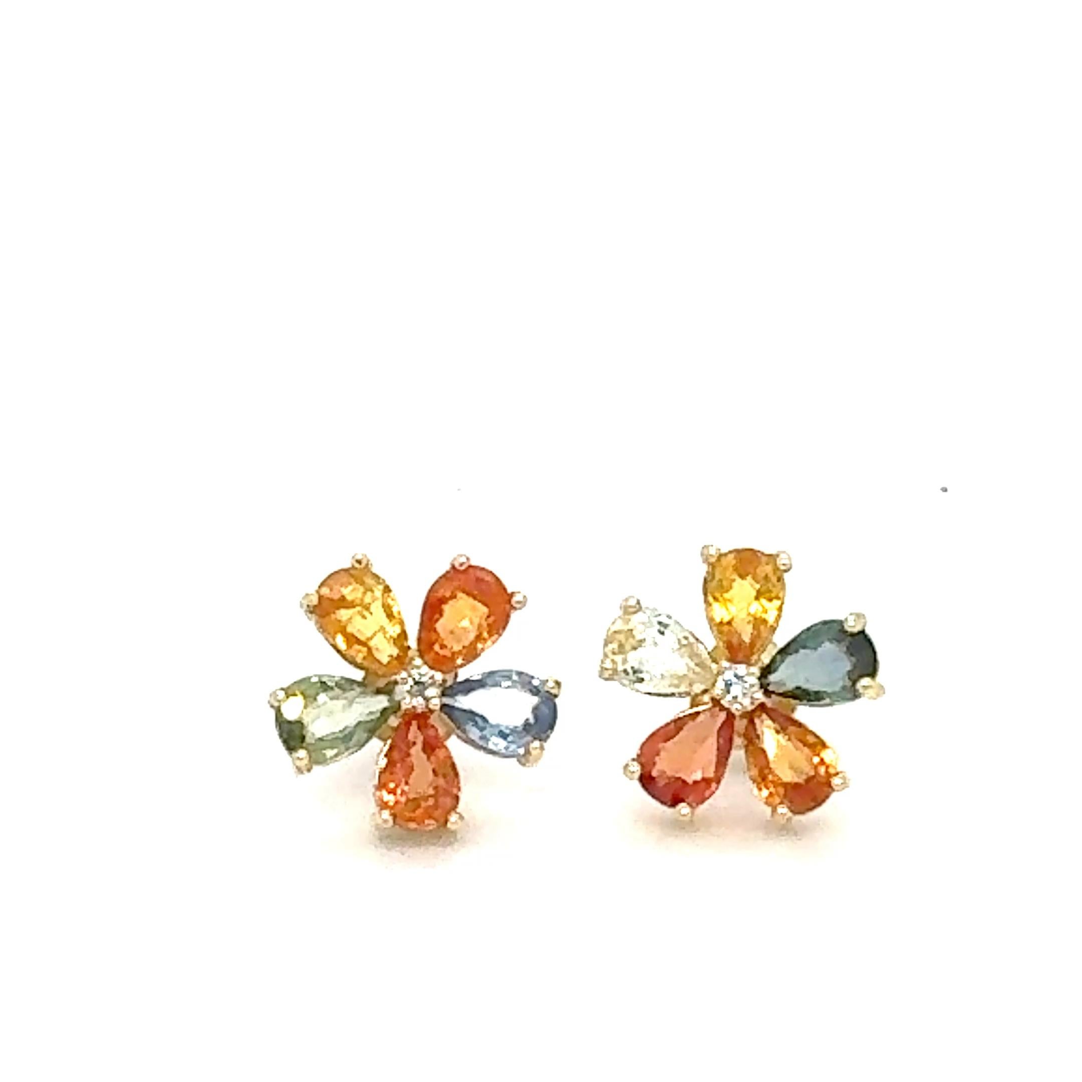 Round Cut 4.88 Carat Natural Multi Colored Sapphire and Diamond Yellow Gold Earring Studs For Sale