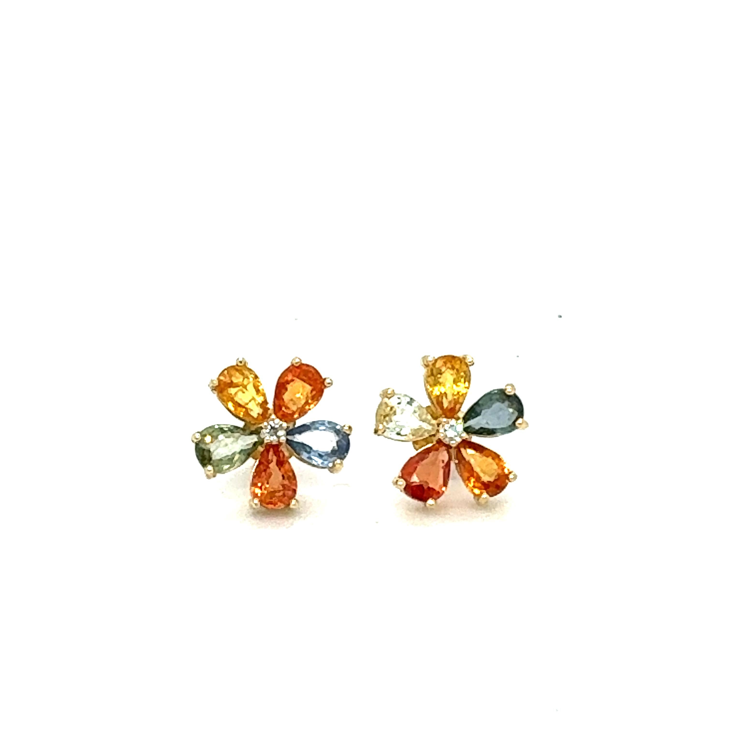 4.88 Carat Natural Multi Colored Sapphire and Diamond Yellow Gold Earring Studs In New Condition For Sale In Los Angeles, CA