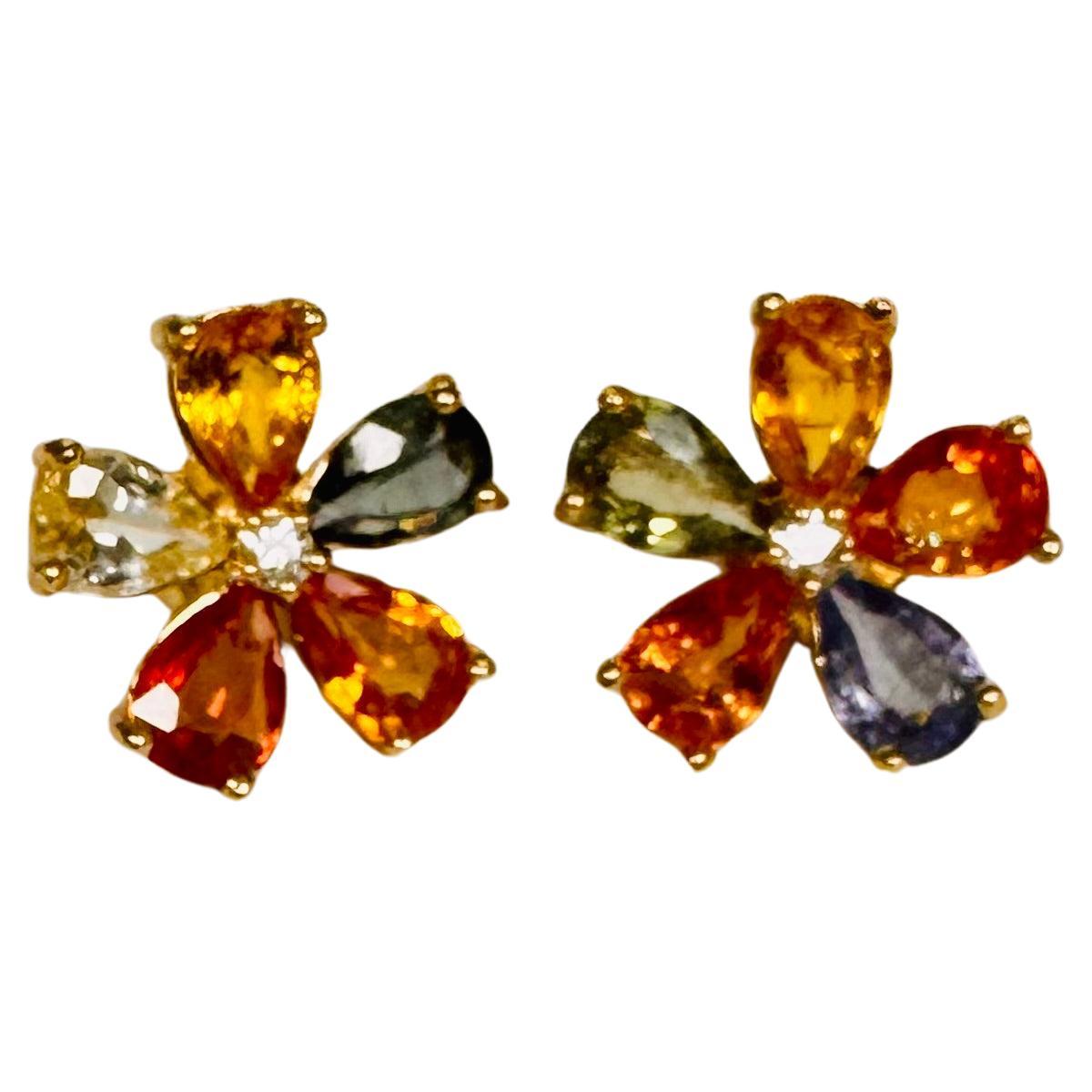 Women's or Men's 4.88 Carat Natural Multi Colored Sapphire and Diamond Yellow Gold Earring Studs For Sale