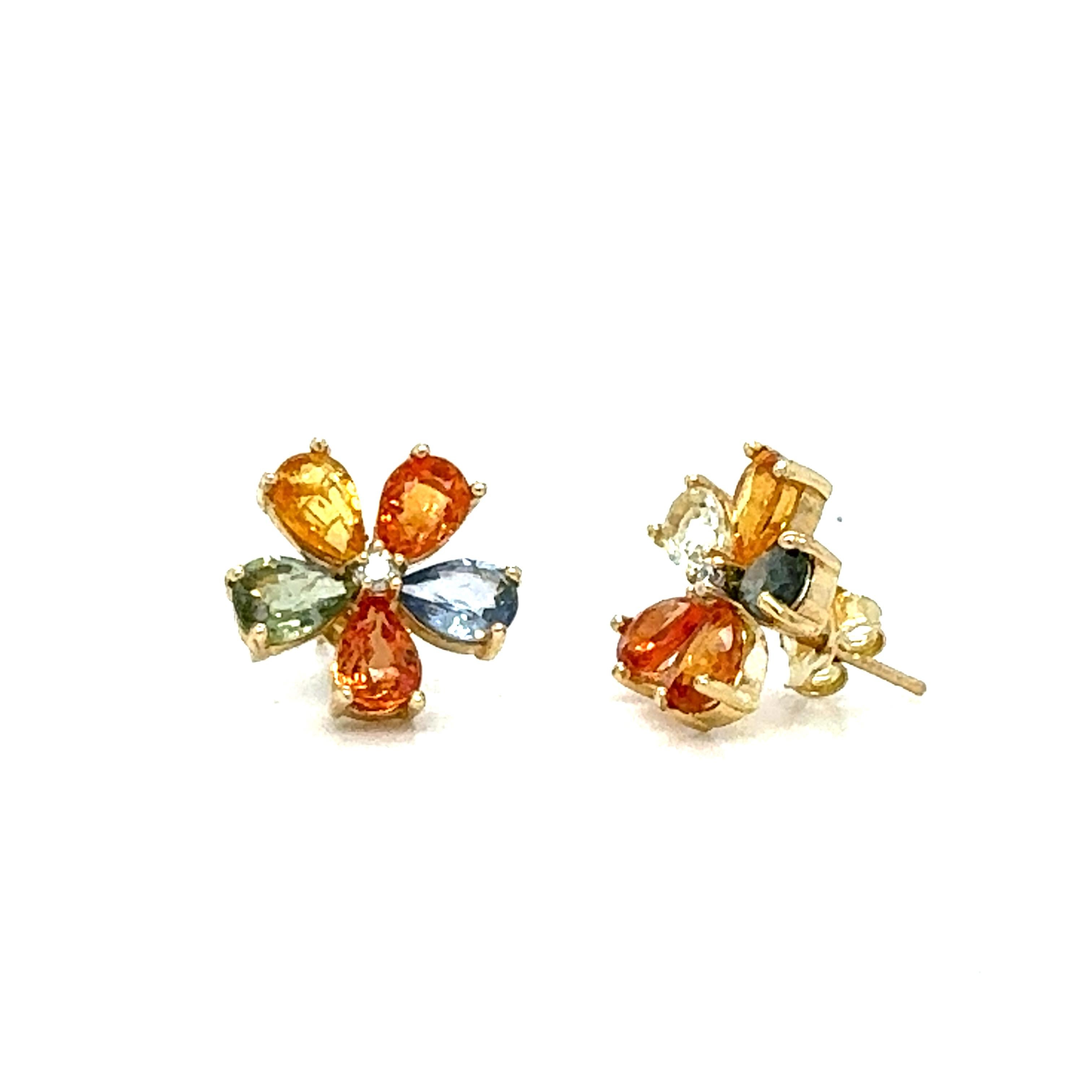 4.88 Carat Natural Multi Colored Sapphire and Diamond Yellow Gold Earring Studs For Sale 1