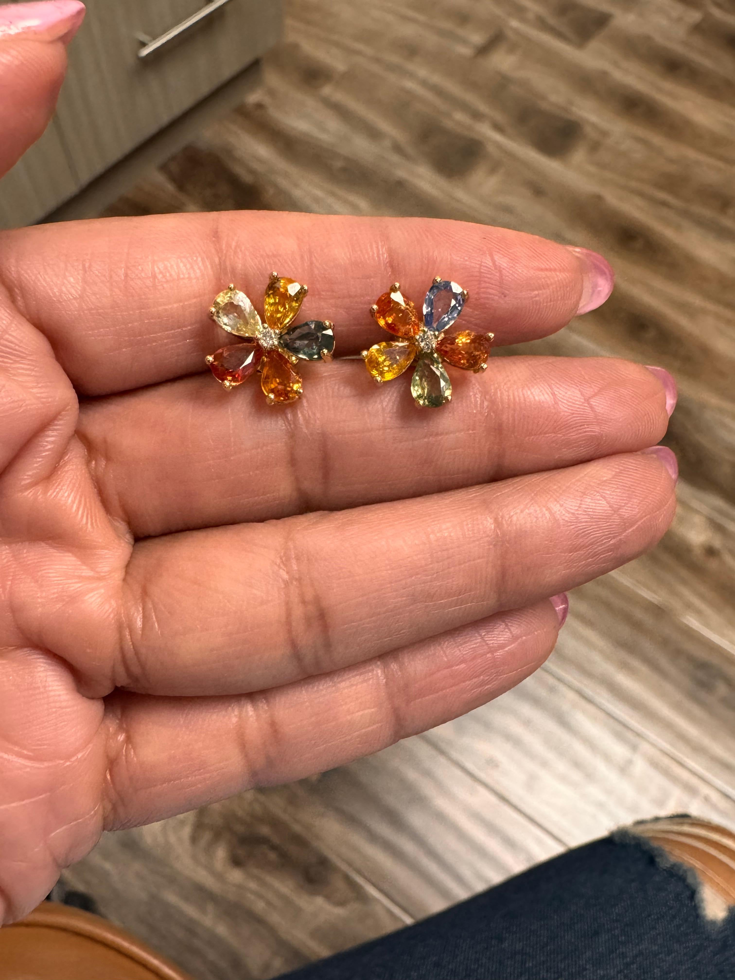 4.88 Carat Natural Multi Colored Sapphire and Diamond Yellow Gold Earring Studs For Sale 2