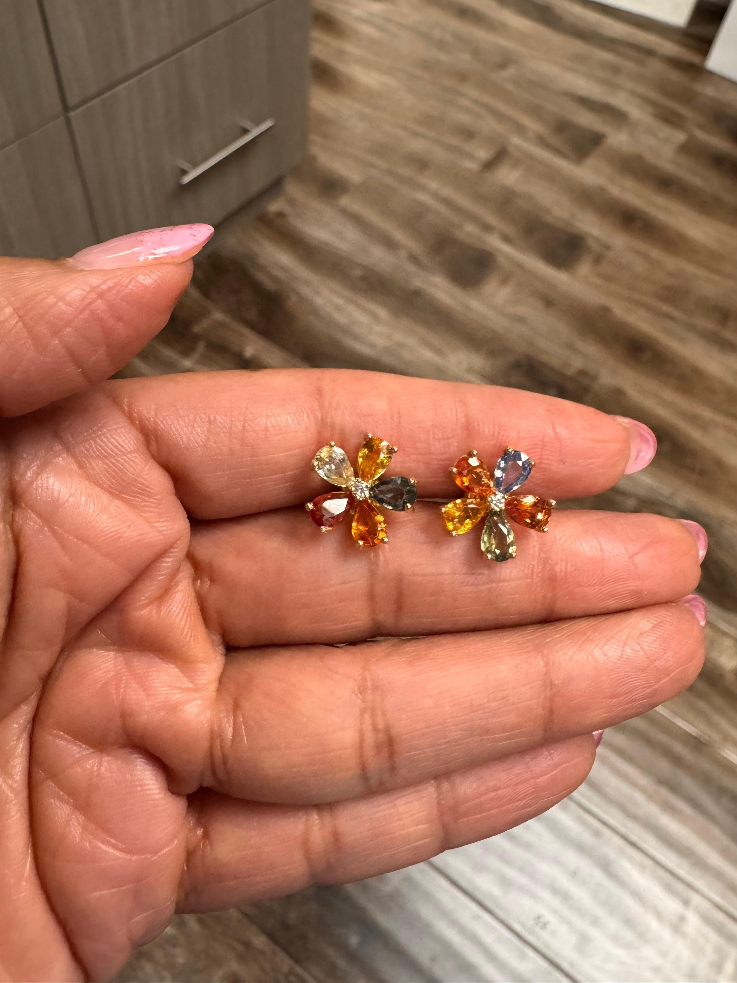 4.88 Carat Natural Multi Colored Sapphire and Diamond Yellow Gold Earring Studs For Sale 3