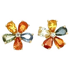 4.88 Carat Natural Multi Colored Sapphire and Diamond Yellow Gold Earring Studs