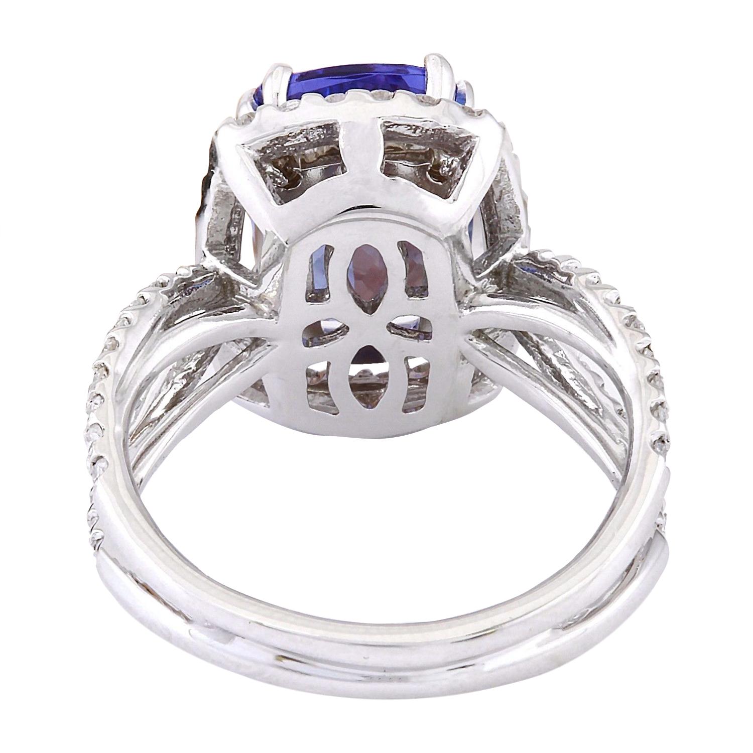 Cushion Cut Natural Tanzanite Diamond Ring In 14 Karat Solid White Gold For Sale