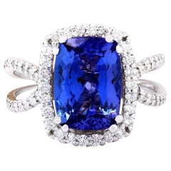 Bague en or blanc massif 14 carats avec tanzanite naturelle et diamant 