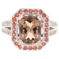 Anello in oro bianco 14 carati con tormalina naturale, diamante e zaffiro arancione da 4,88 carati