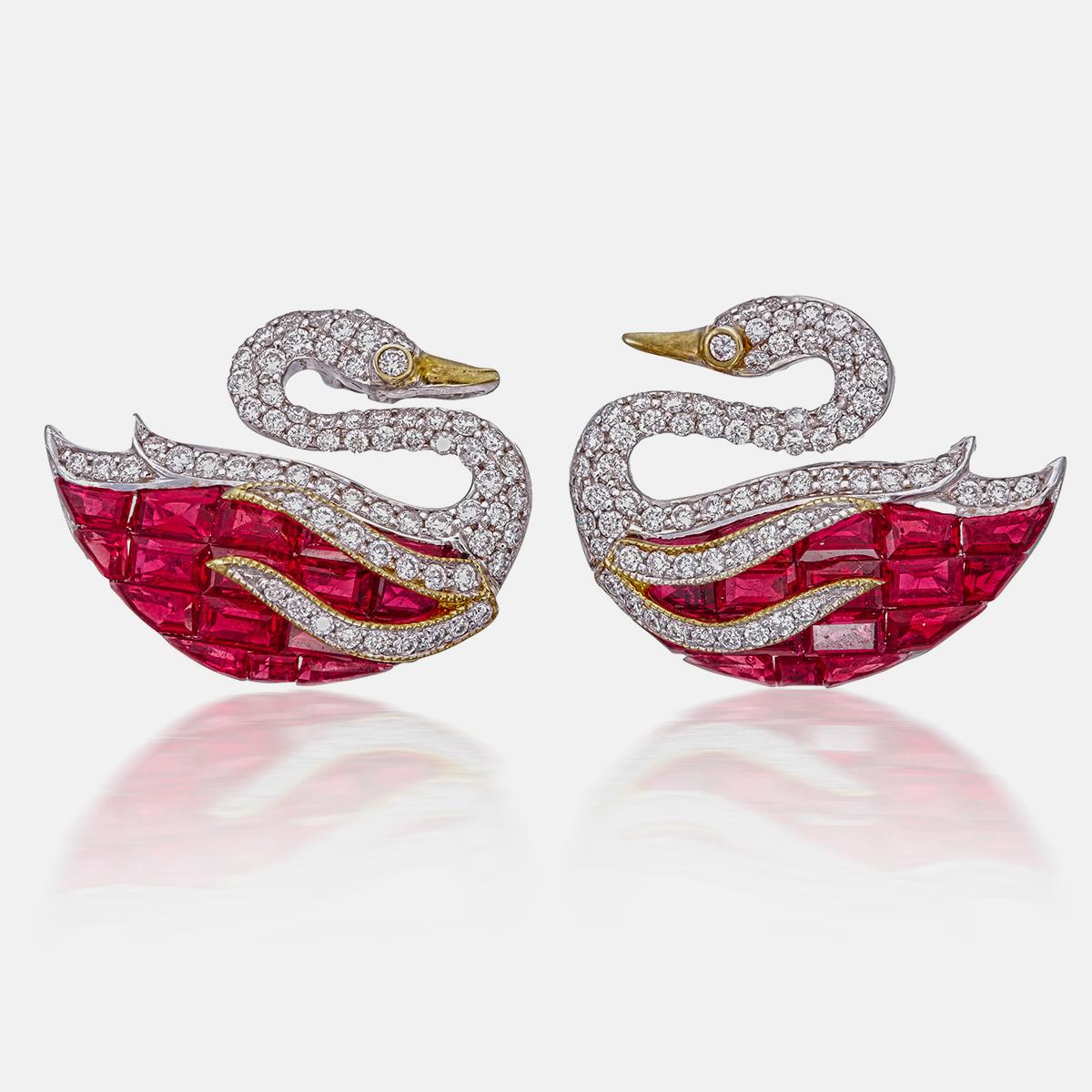 Introducing a brand new ruby and diamond earrings by REWA Jewels. These pair of earrings were inspired by animal themes, representing swans. 

The total ruby weight is 4.88 carat is made up of hand cut and invisible set.

The total diamond weight is