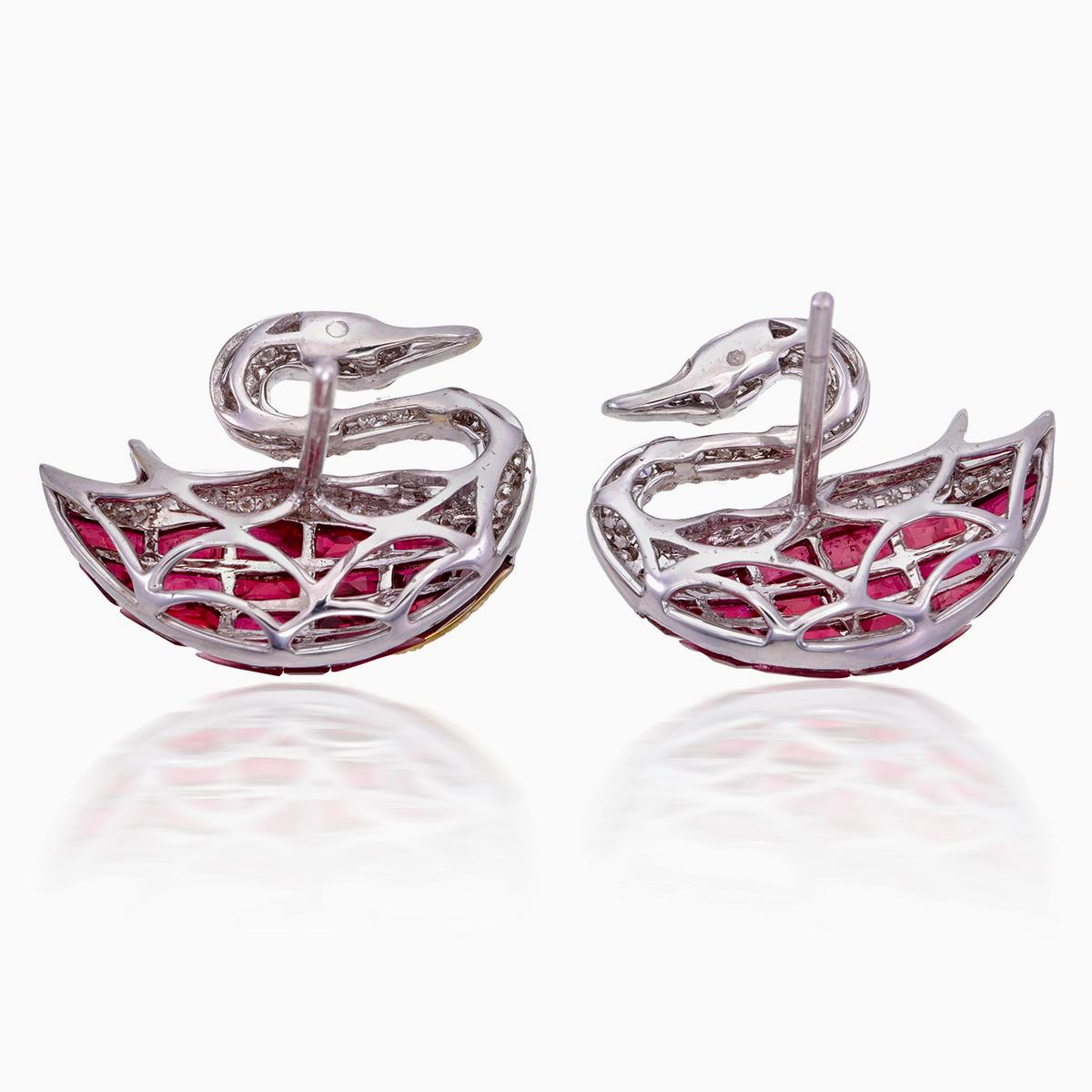 Baguette Cut 4.88 Carat Ruby and Diamond Earring in 18 Karat White Gold For Sale